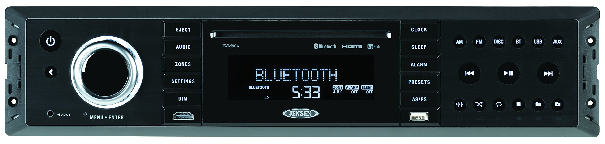 Jensen 3-Zone JWM90A Slimline Theater-Style Bluetooth Wallmount Stereo with App Control, DVD/CD-R/RW & MP3 Compatible, Dual HDMI Video Output, HDMI ARC, USB Play MP3/WMA Files, Rear RCA in/Out