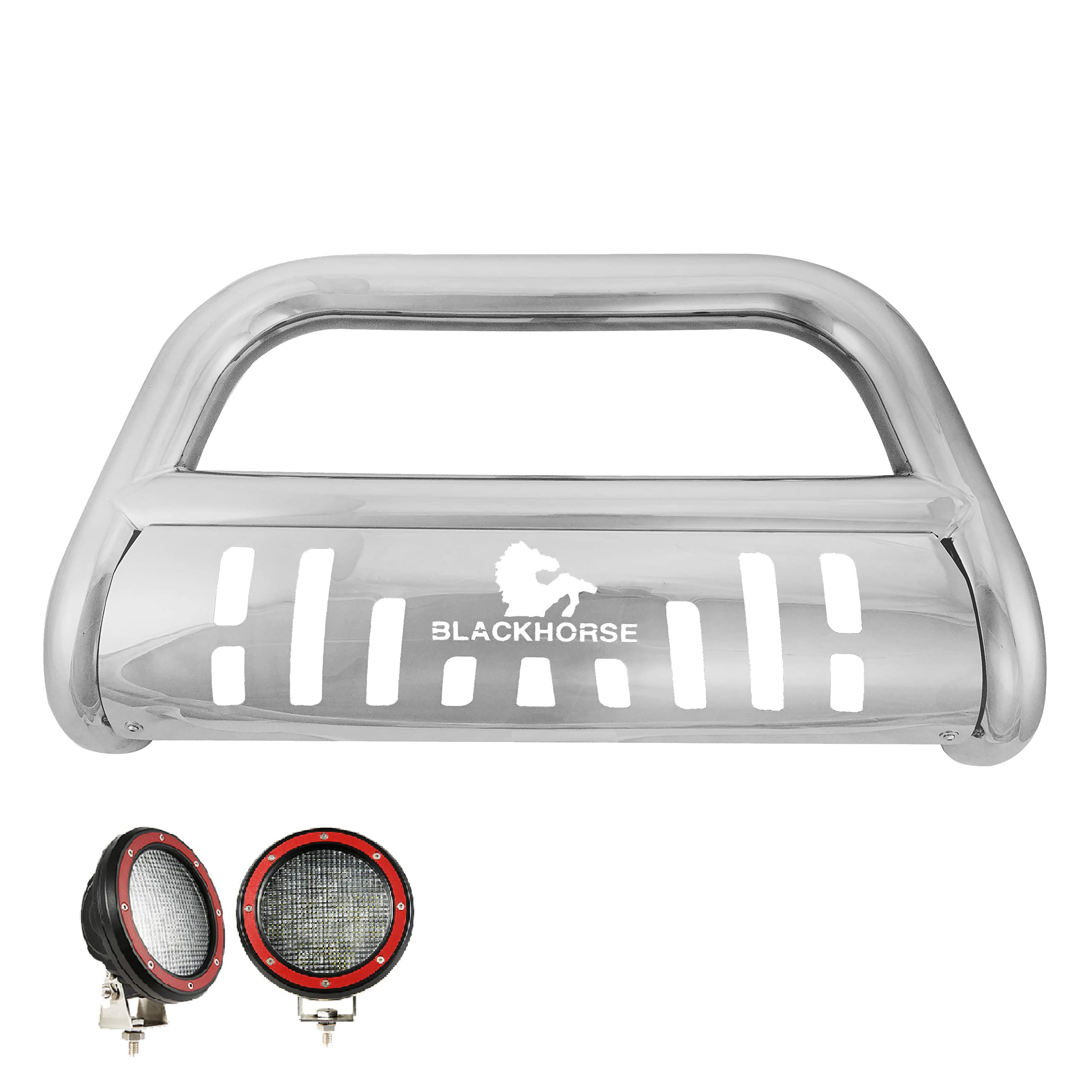 Bull Bar Black Horse Skid Plate Stainless Steel Come with Pair of 5.3" Dia. LED Flood Lights with Red Trim Rings Compatible with 2007-2012 Hyundai Santa Fe-CBS-HYB6201SP-PLFR