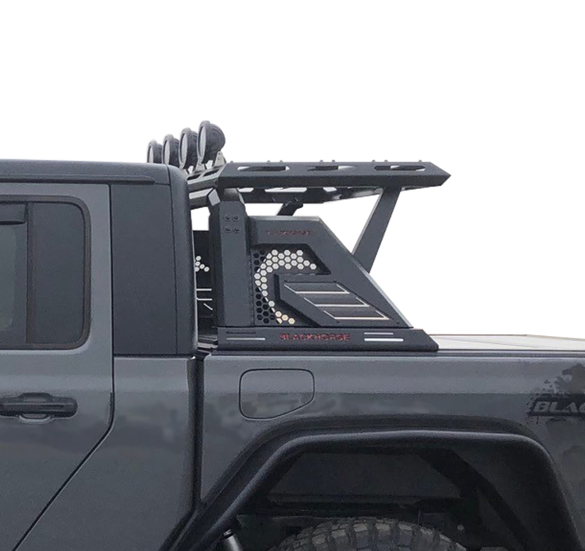 Armour II Black Horse Roll Bar W/Basket Incl. Set of 5.3" Dia.Led Lights w/Black Trim Rings Compatible with 2005-2022 Toyota Tacoma-AR2-03BA3-PLFB