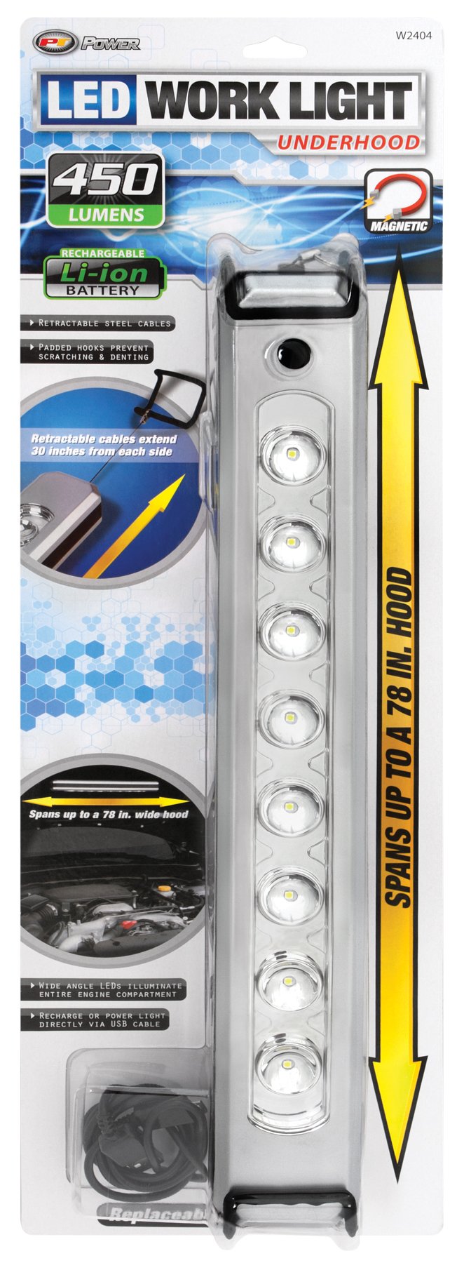 W2404 Performance Tool 18-Inch 500 Lumen LED Rechargeable Underhood Work Light With Retractable Steel Cables Spaning Up To 78