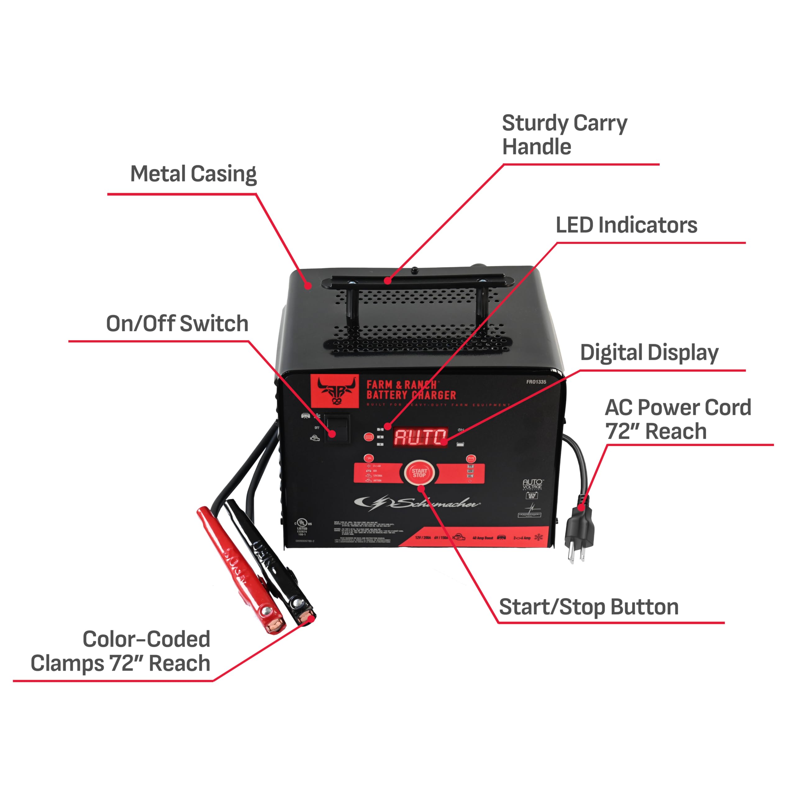 Farm & Ranch Schumacher Electric 6A Car Battery Charger and 200A Engine Starter, 4-in-1 Solution, Maintainer, 40A Boost, for 6V/12V Power Sport, Automotive, and Marine Batteries, FR01335