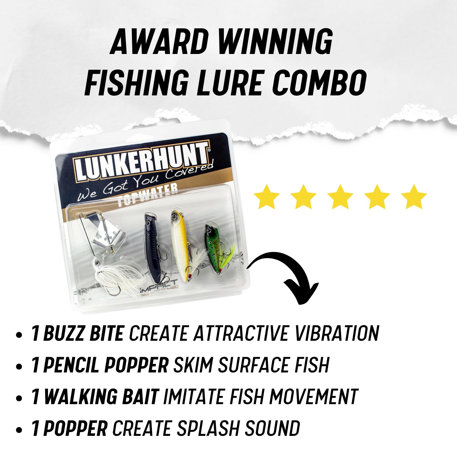 Top Water Fishing Lures Kit LUNKERHUNT | (4-Pack | Impact Series Fishing Baits for Bass, Trout, Pike Includes: Spinnerbait, Hard Bait, Popper