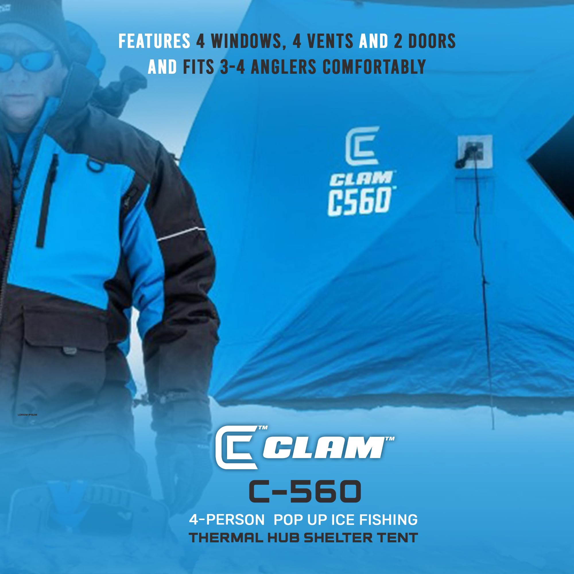 C-560 CLAM 4 Person Thermal Ice Fishing Shelter - 7.5 ft Pop Up Tent with Anchors & Carry Bag