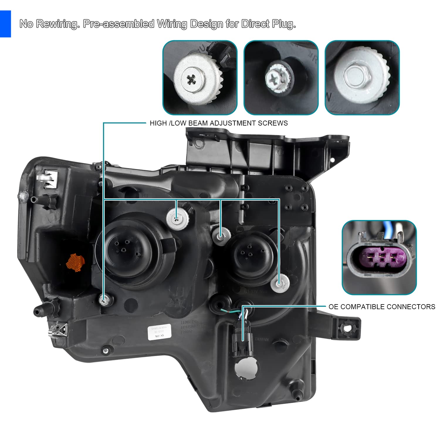 Dual U-Halo Rims Projector Headlights Spec-D Tuning Black Compatible with 2009-2014 Ford F150, Left + Right Pair Headlamps Assembly