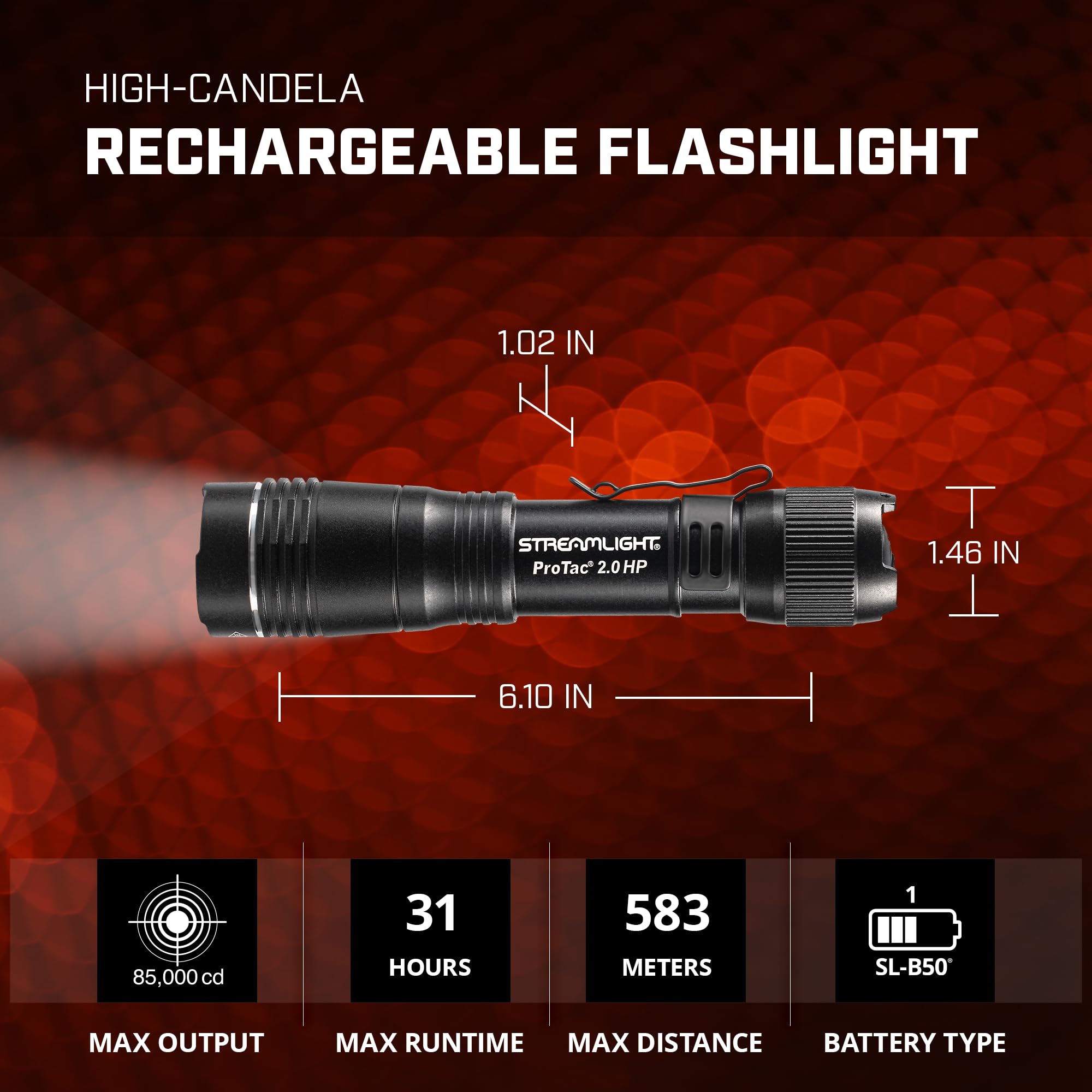 ProTac 2.0 HP Streamlight 2000-Lumen 85000 Candela Rechargeable High Performance Multi-Functional Tactical Flashlight, Black