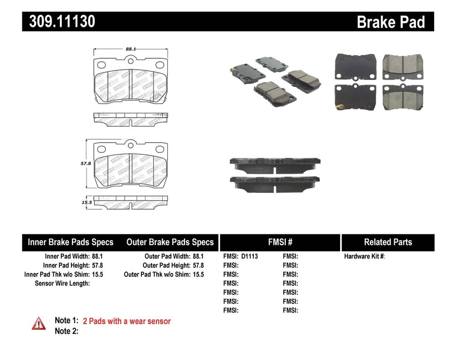 Sport Brake Pads StopTech 309.11130 with Shims and Hardware