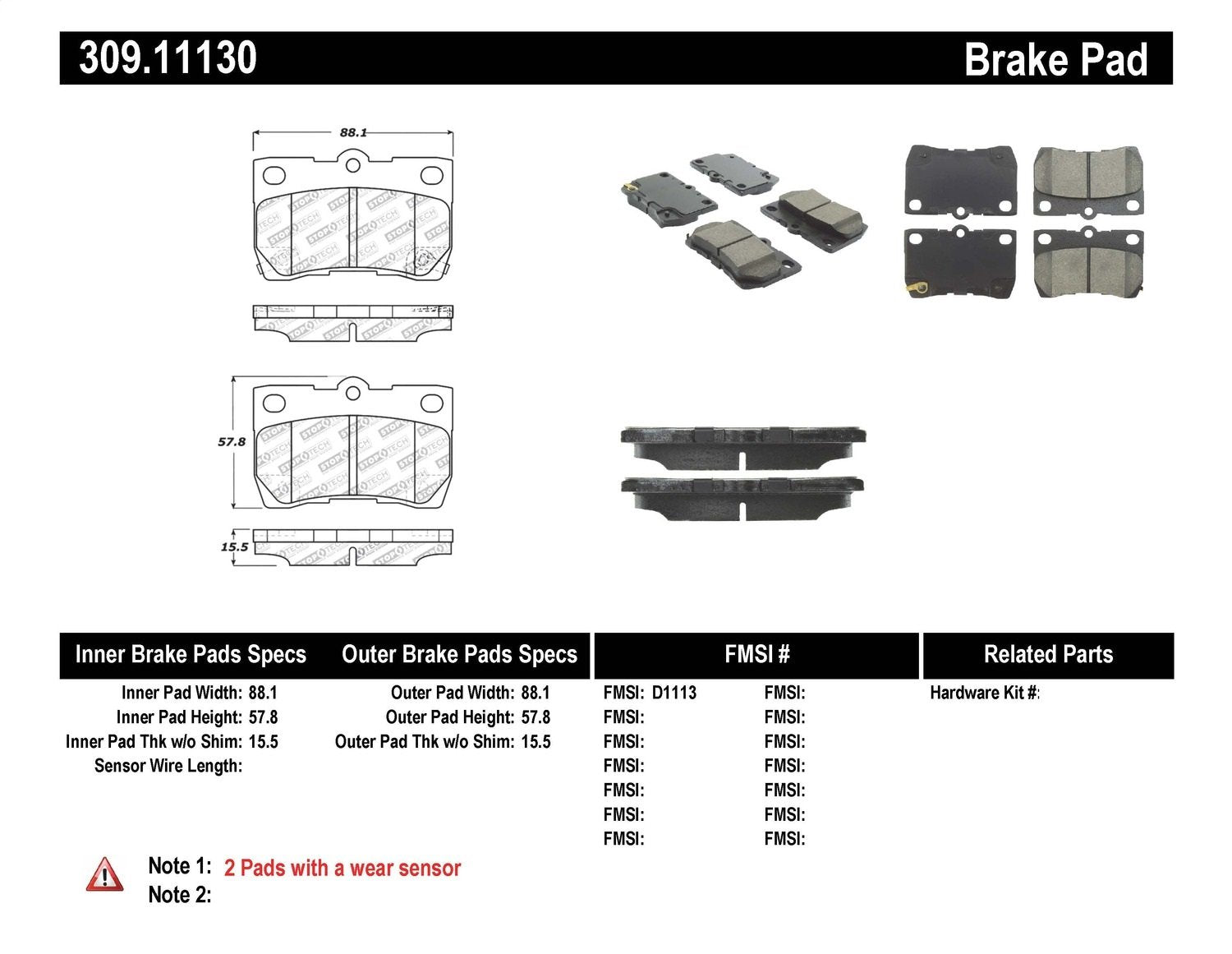 Sport Brake Pads StopTech 309.11130 with Shims and Hardware