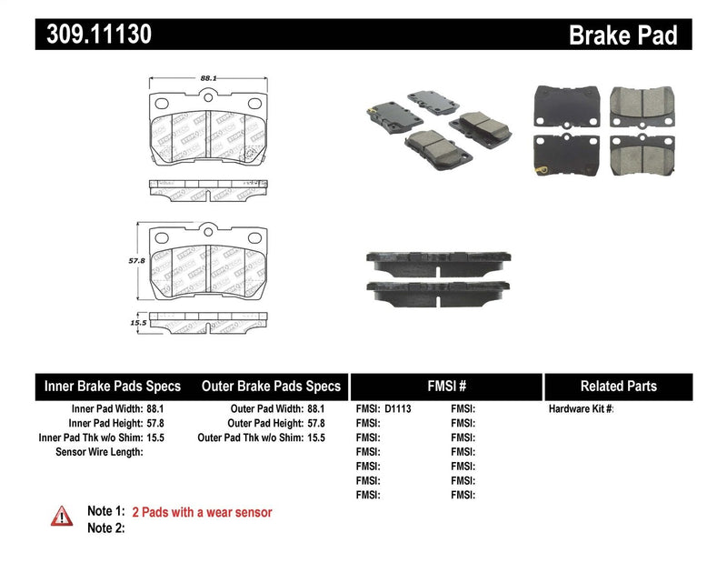 Sport Brake Pads StopTech 309.11130 with Shims and Hardware