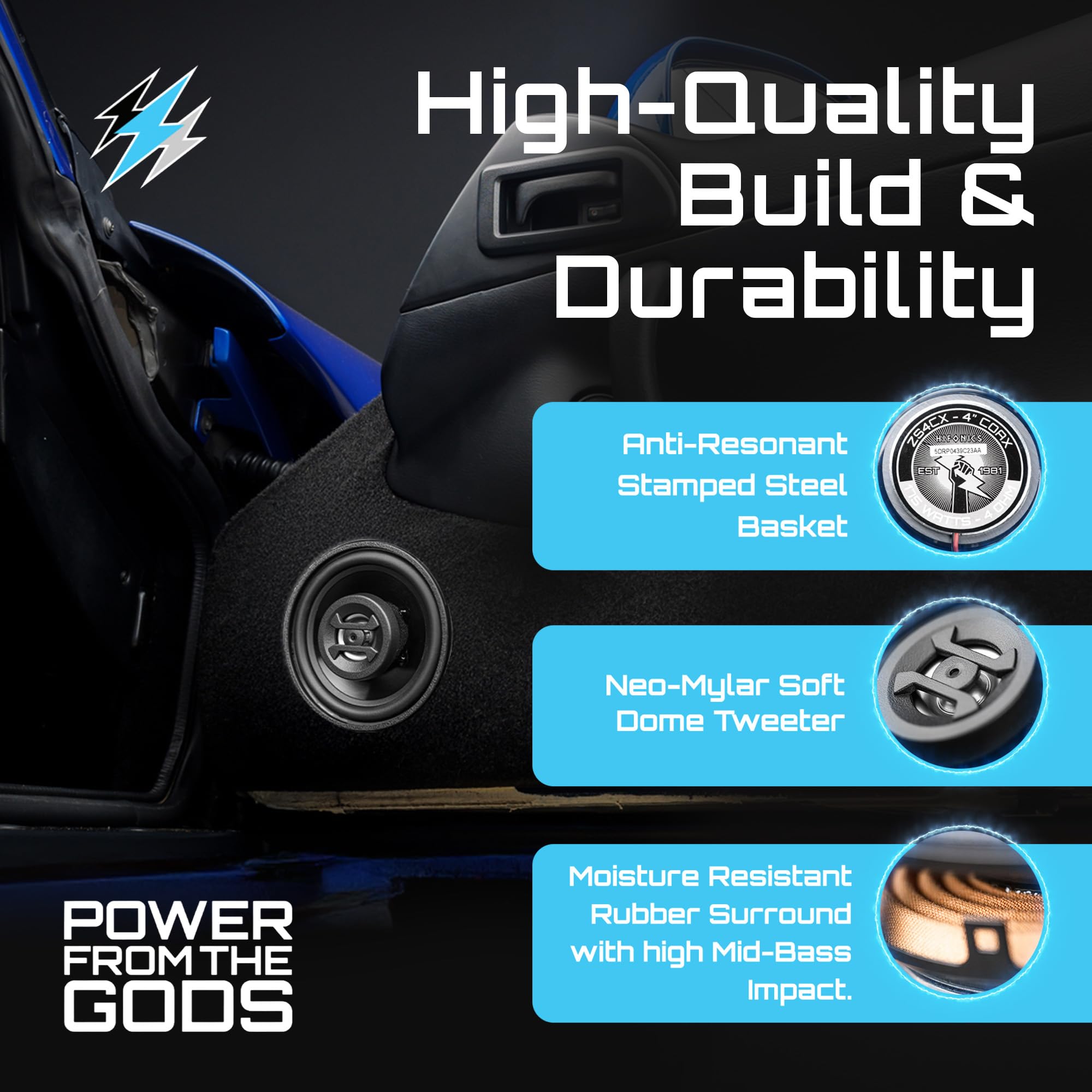 Hifonics ZS4CX Zeus 4 Inch 2 Way 175W Car Audio Coaxial Speakers with Mylar Dome Tweeter and Alpha Cellulose Poly Woofers, Pair