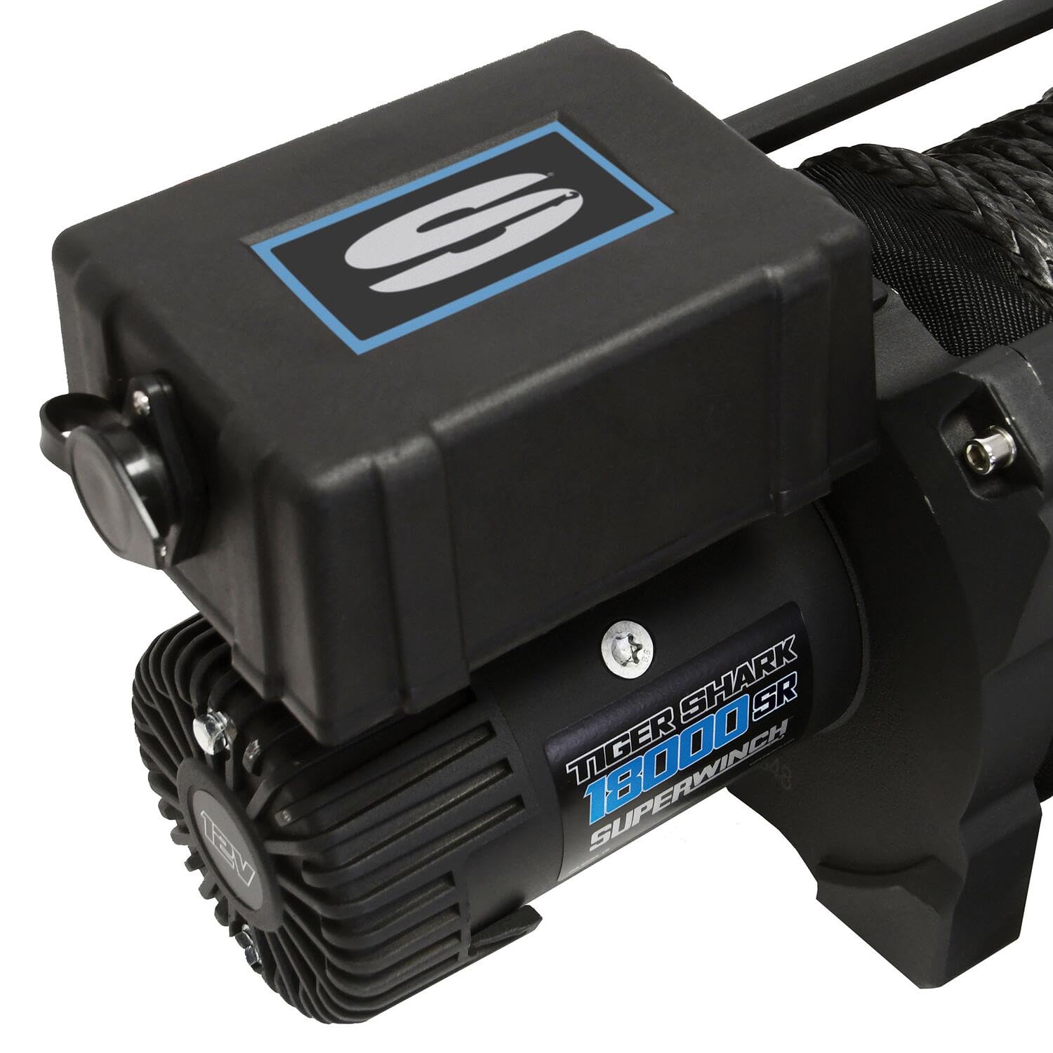 Tiger Shark SUPERWINCH 1518001 12V DC Winch 18,000lb/8165kg Single Line Pull with Hawse Fairlead, 33/64" x 80' Synthetic Rope, Corded Handheld Remote