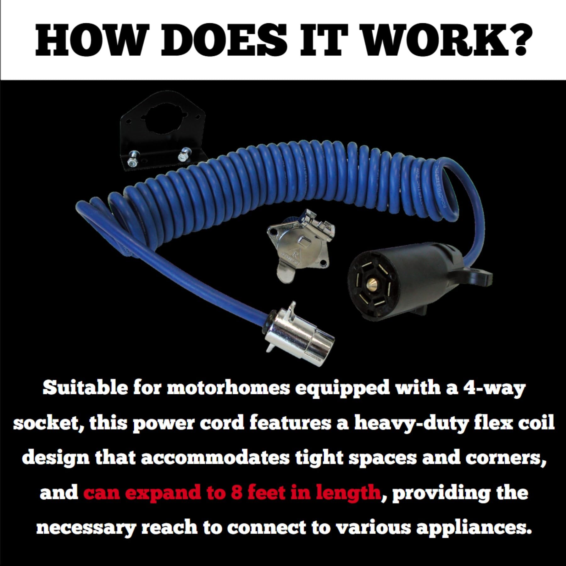 Roadmaster 164-7 Adaptive Power Cord with 7-Wire to 4-Wire, Plugs, Sockets, & Socket Bracket Included | Designed for Motorhomes with 4-Way Sockets | Water, Oil, & Chemical Resistant