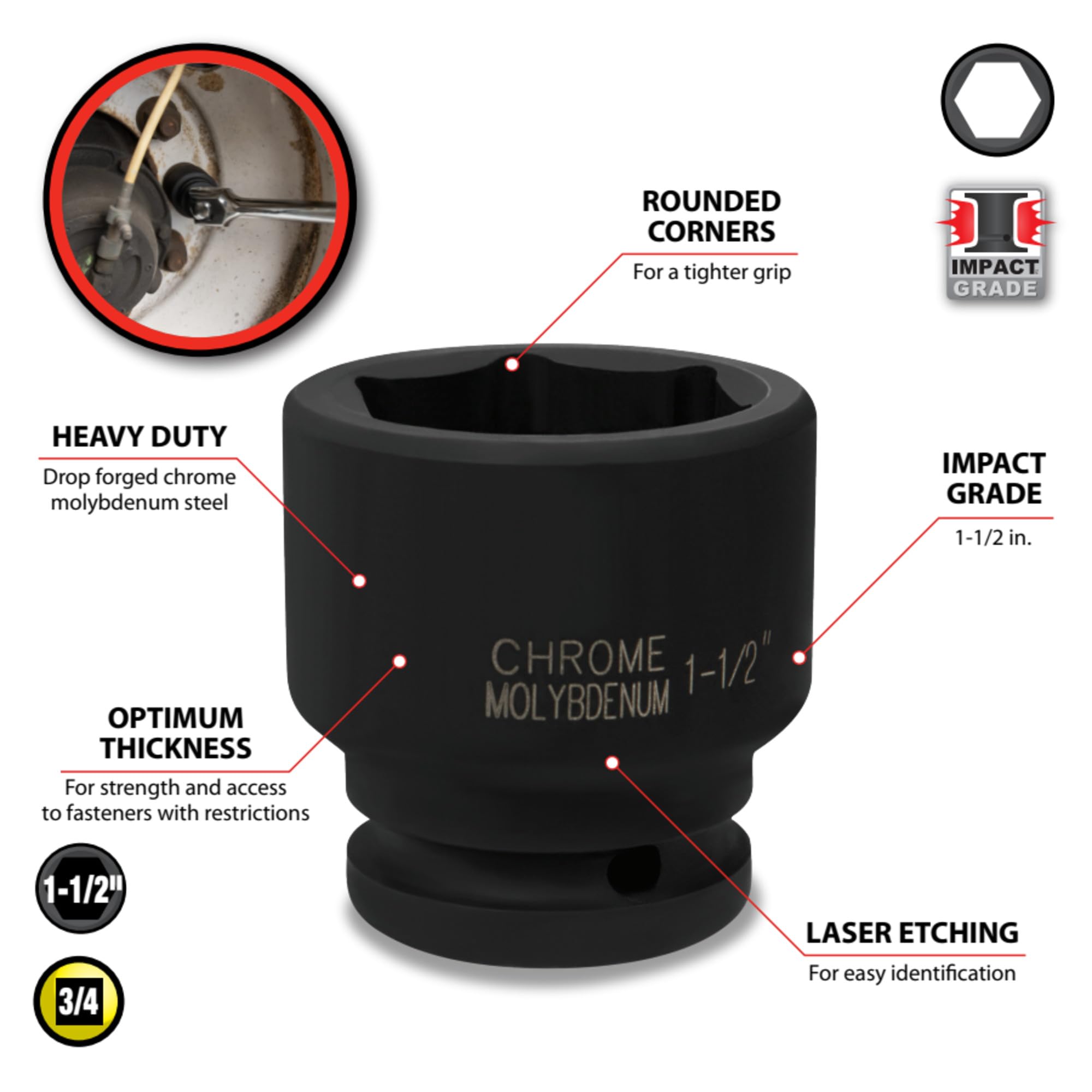 M740-48 Performance Tool, 3/4-Inch Drive 1-1/2-Inch 6pt Impact Socket - Chrome Moly Steel, Black Oxide Coated