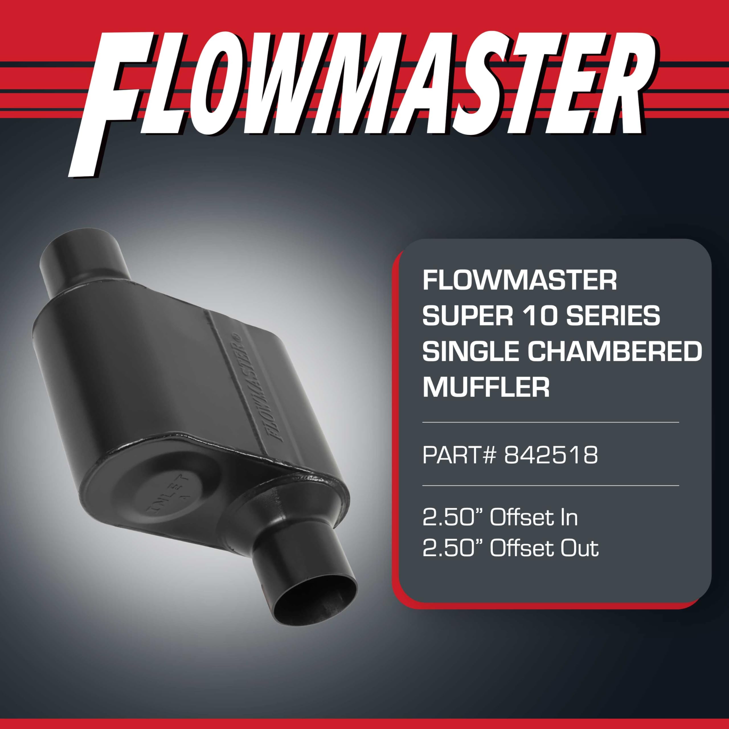 Flowmaster Super 10 Muffler Series – 2.50” Offset In / 2.50” Offset Out – Race-Inspired Sound – 409 Stainless Steel – Ideal for Muscle Cars, LS Swaps, Drag Cars & Off-Road Build (842518)