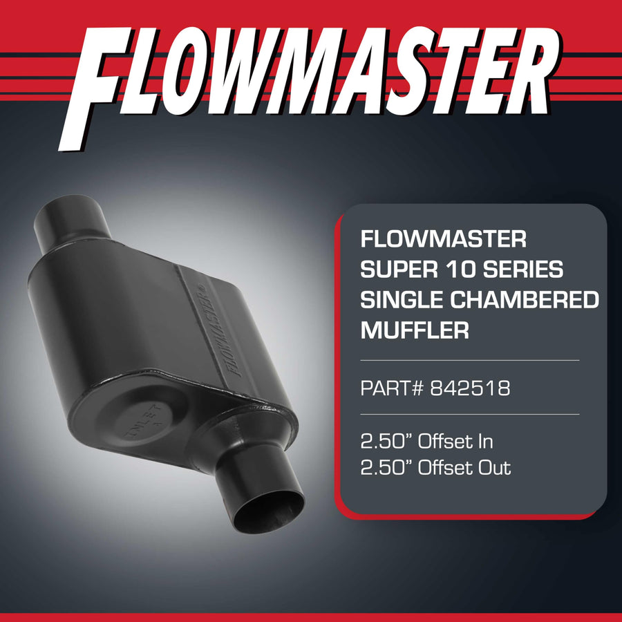 Flowmaster Super 10 Muffler Series – 2.50” Offset In / 2.50” Offset Out – Race-Inspired Sound – 409 Stainless Steel – Ideal for Muscle Cars, LS Swaps, Drag Cars & Off-Road Build (842518)
