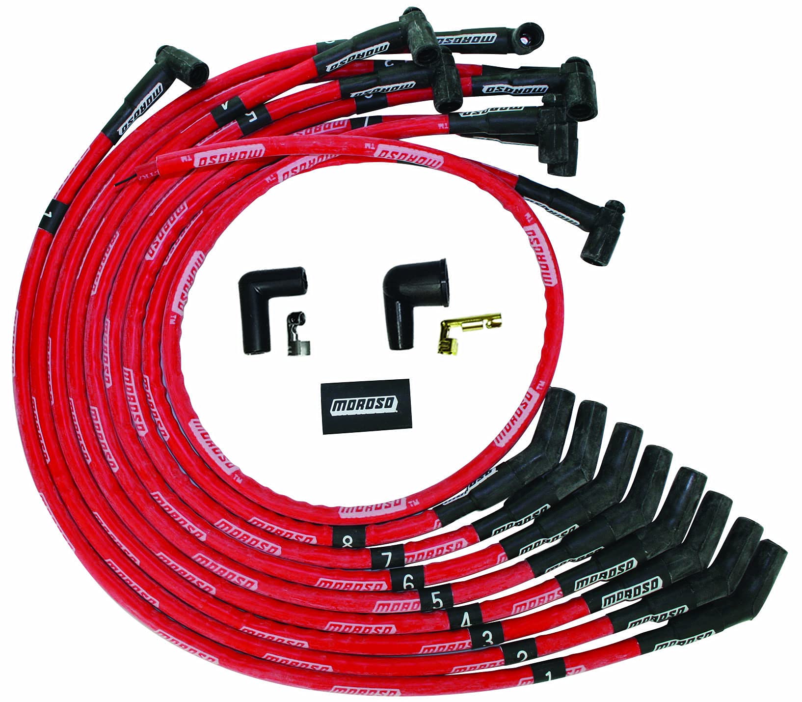 Moroso Ultra Series Red Sleeved Spark Plug Wires, Big Block Chevy, Routing Over Valve Cover, 135 Degree Plug Ends, HEI Distributor