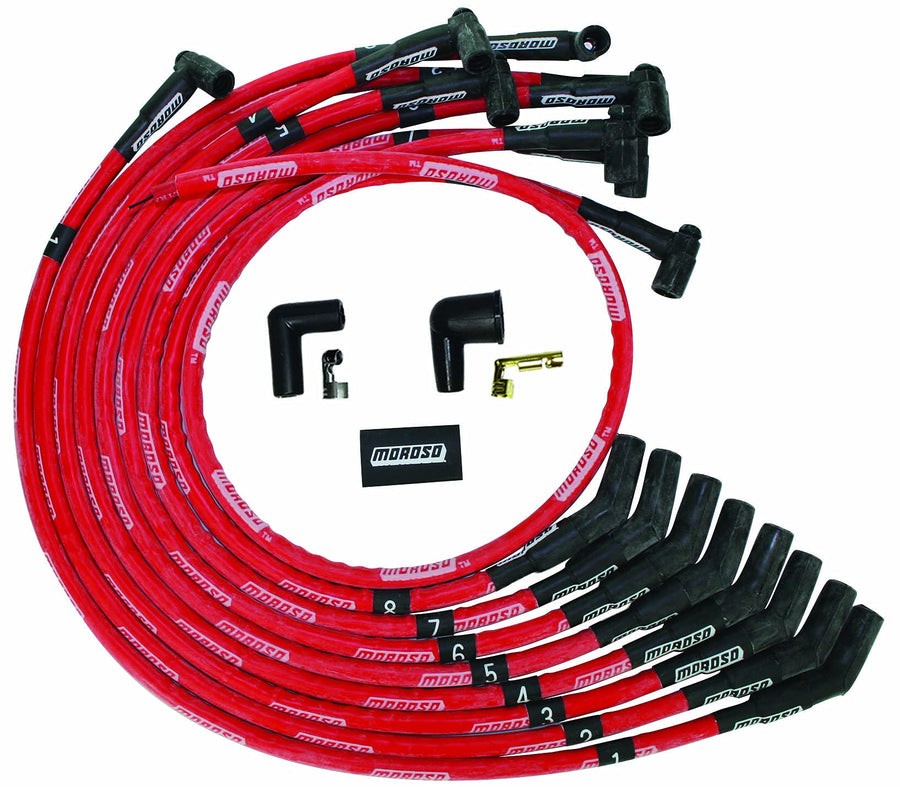 Moroso Ultra Series Red Sleeved Spark Plug Wires, Big Block Chevy, Routing Over Valve Cover, 135 Degree Plug Ends, HEI Distributor