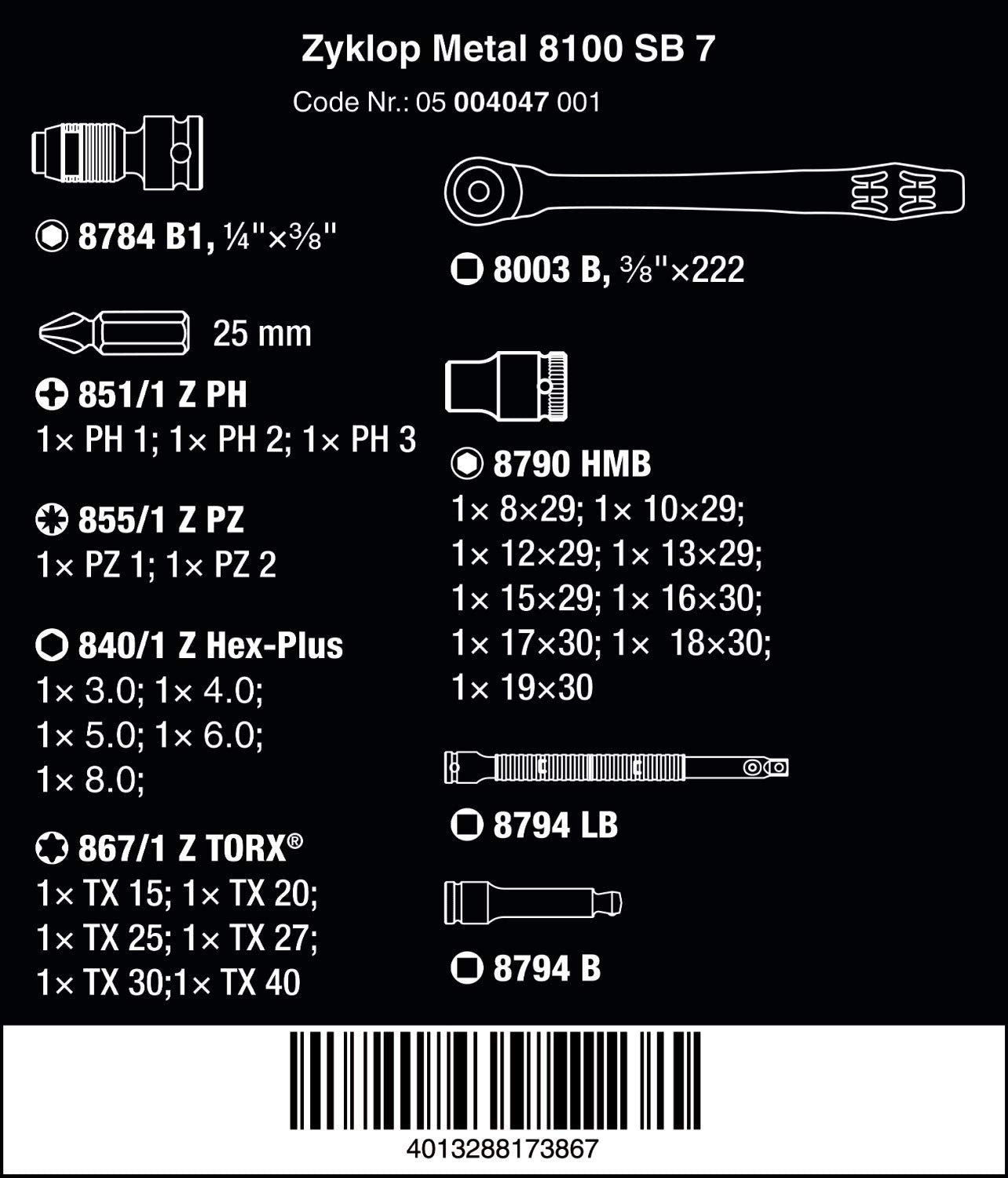 7 8100 SB Metal 3/8 29 PC Square Metric
