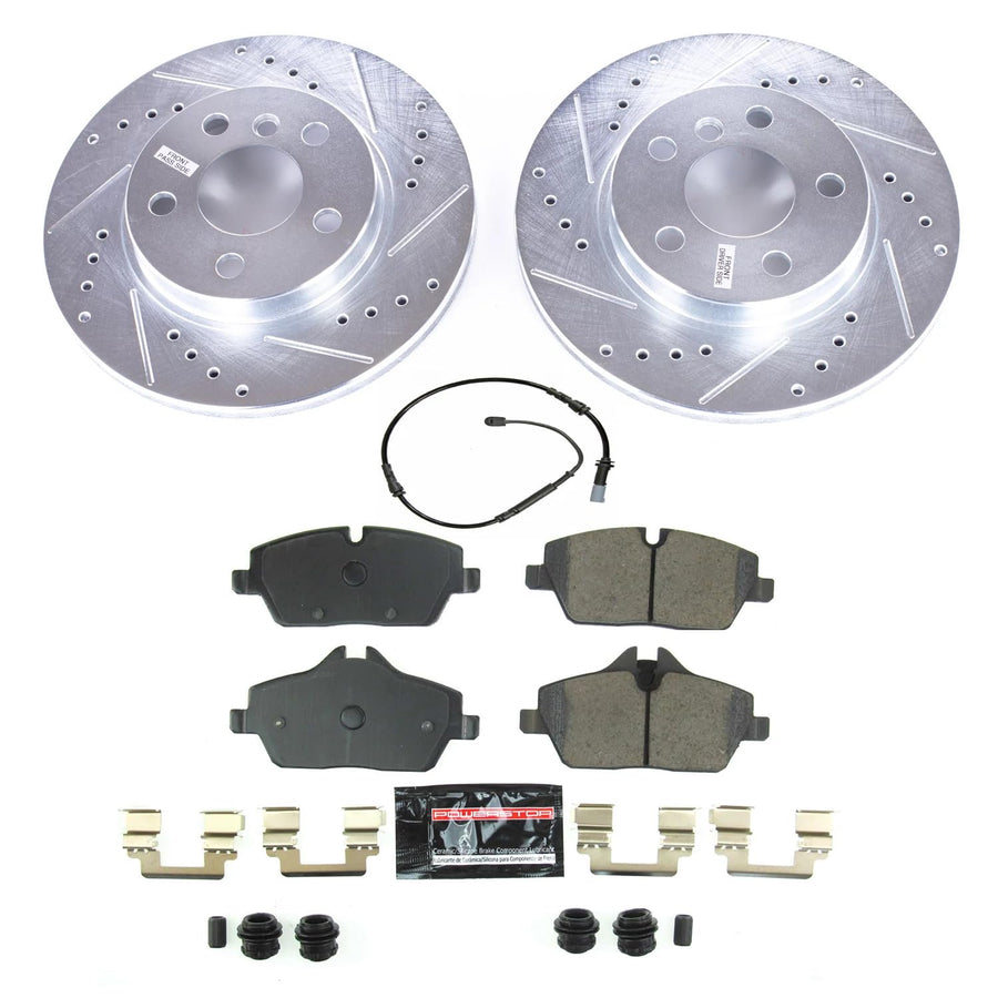 Power Stop K8112 Z23 Carbon Fiber Brake Pads Front with Drilled & Slotted Brake Rotors Kit and 1 Front Sensor Wire For BMW i3 2014-2021, BMW i3s 2018-2021 [Model Specific]