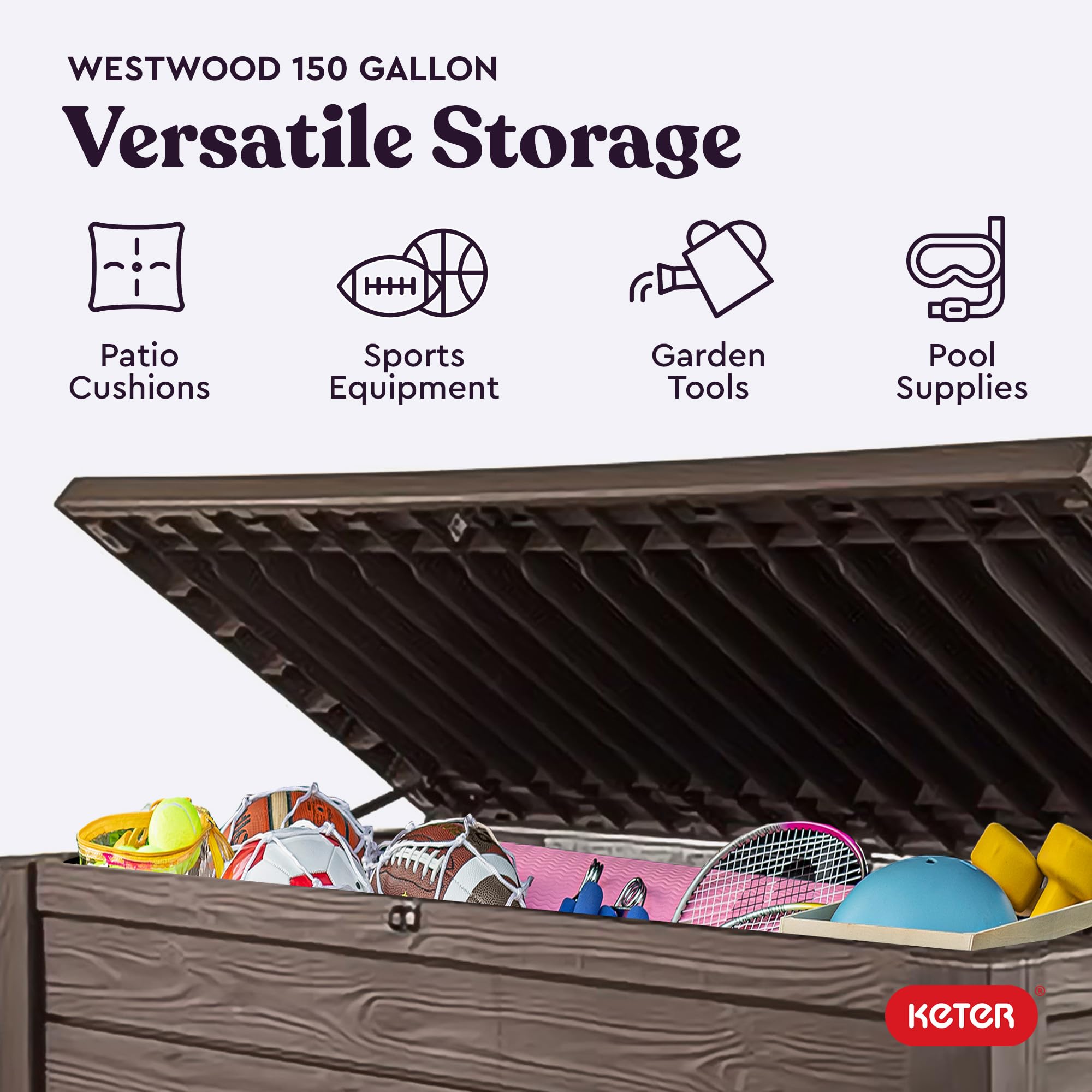 Keter 150 Gallon Westwood Deck Box Organizer, Doubles as 2-Person Bench Seat, Brown – Large Resin Outdoor Storage and Seating with Lockable Lid for Garden, Pool, and Patio