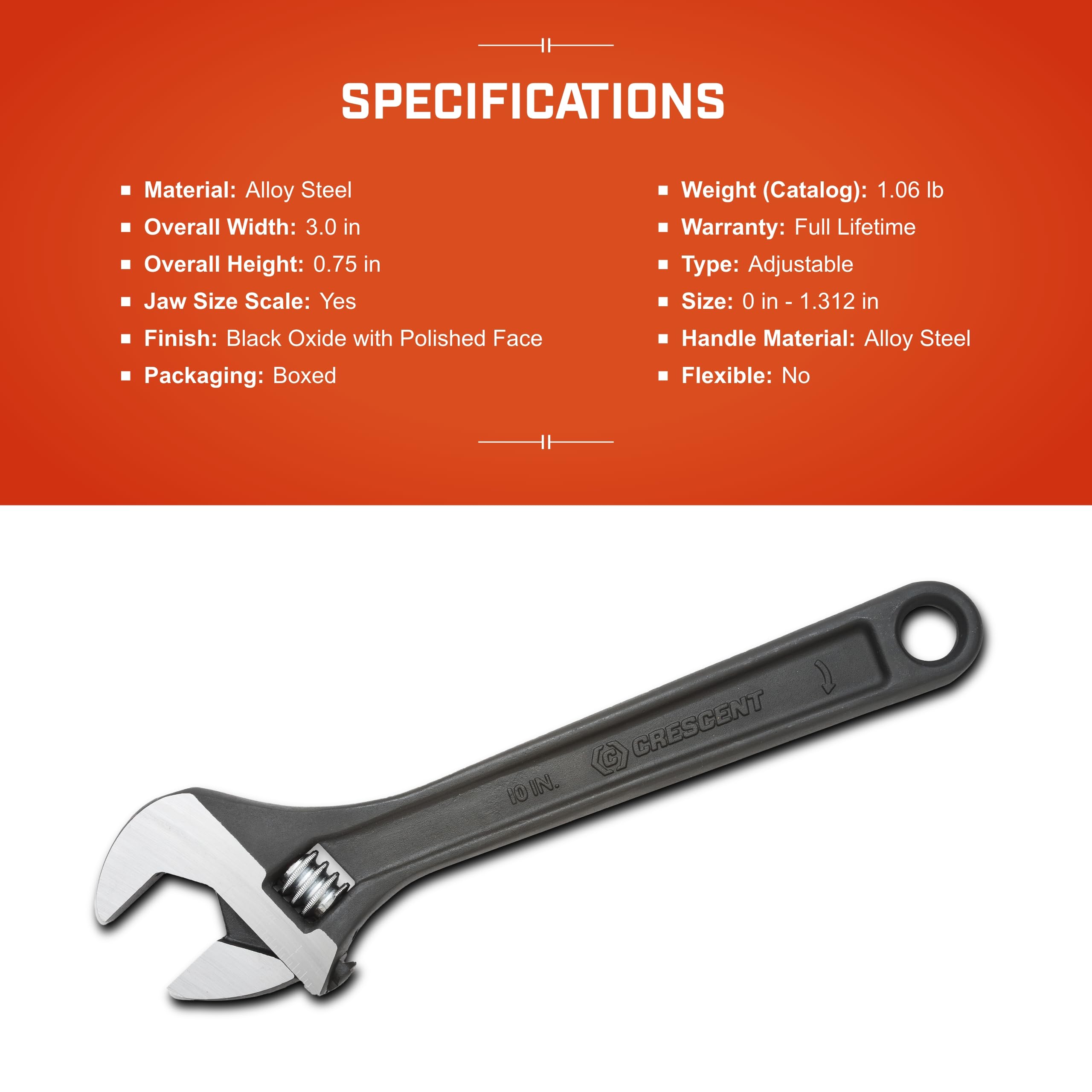 10" Adjustable Crescent Black Oxide Wrench, Boxed - AT210BK
