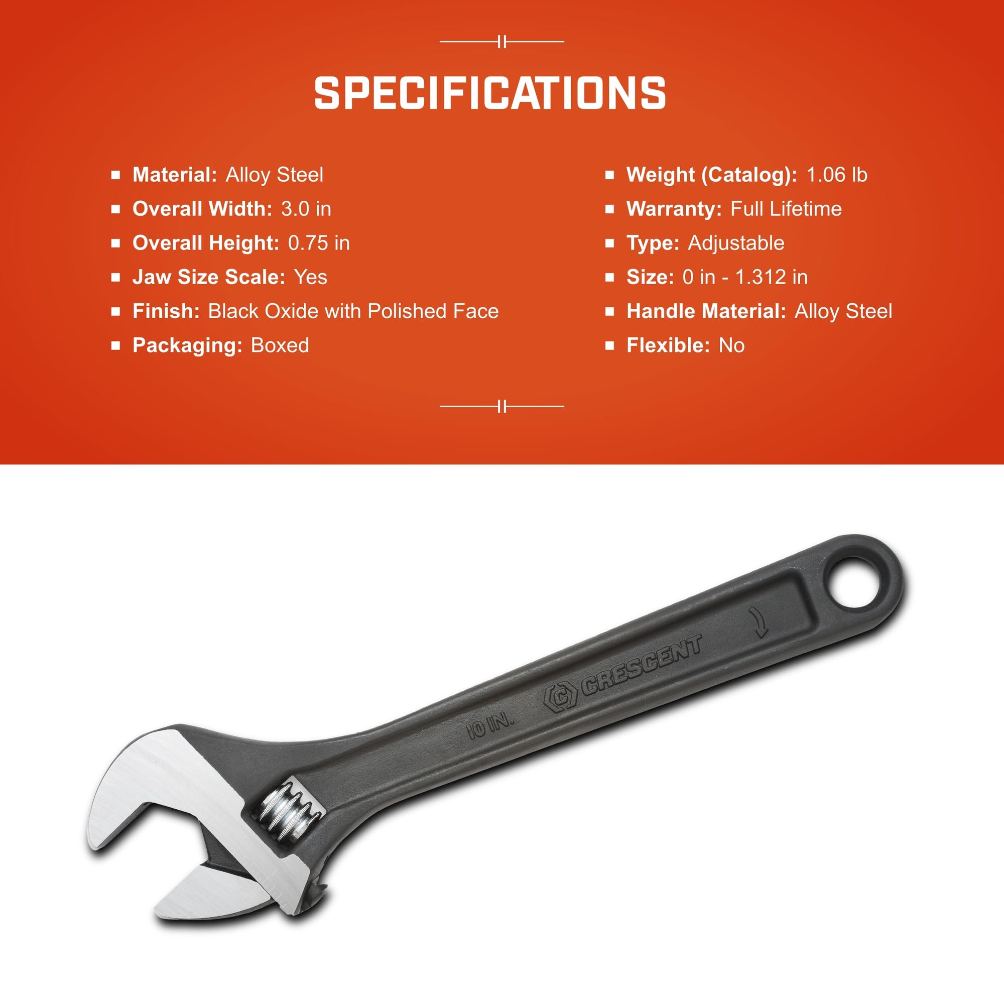 10" Adjustable Crescent Black Oxide Wrench, Boxed - AT210BK