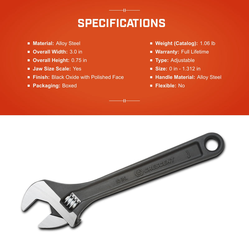 10" Adjustable Crescent Black Oxide Wrench, Boxed - AT210BK
