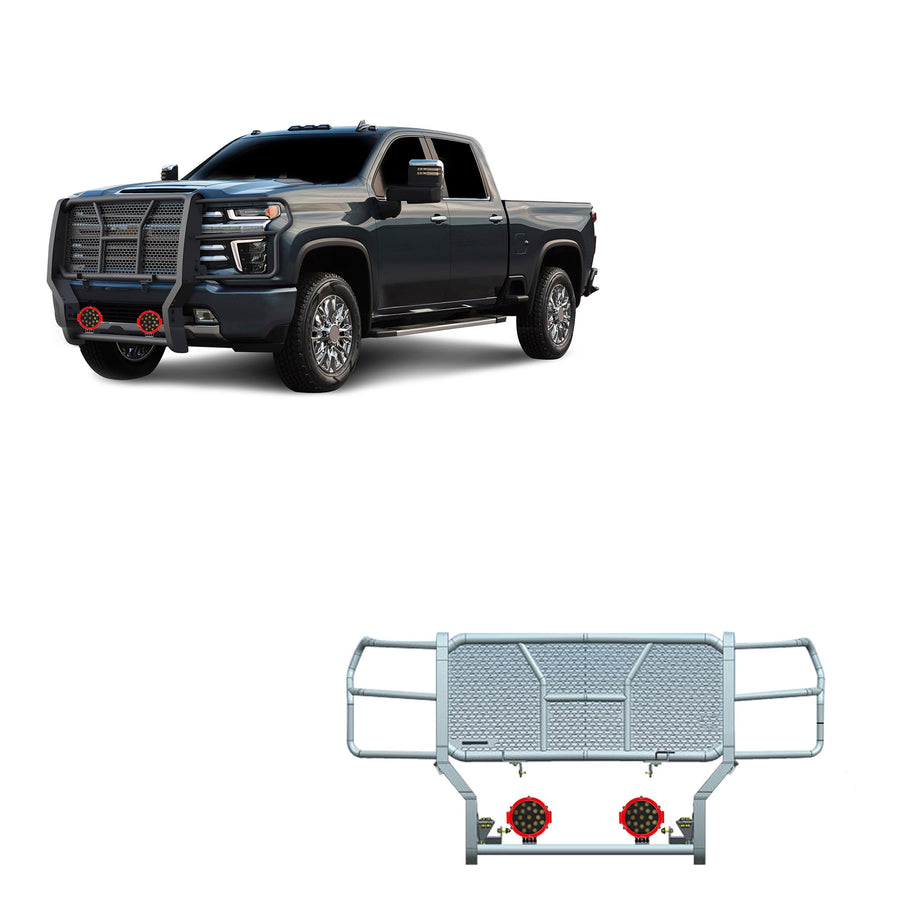 Heavy Duty Black Horse Rugged Grille Brush Bumper Guard Modular Come with Pair of 7.0" LED Lights with Red Trim Rings Compatible with 2020-2024 Silverado 3500 HD/2500 HD-RU-CHSI30-B-PLR