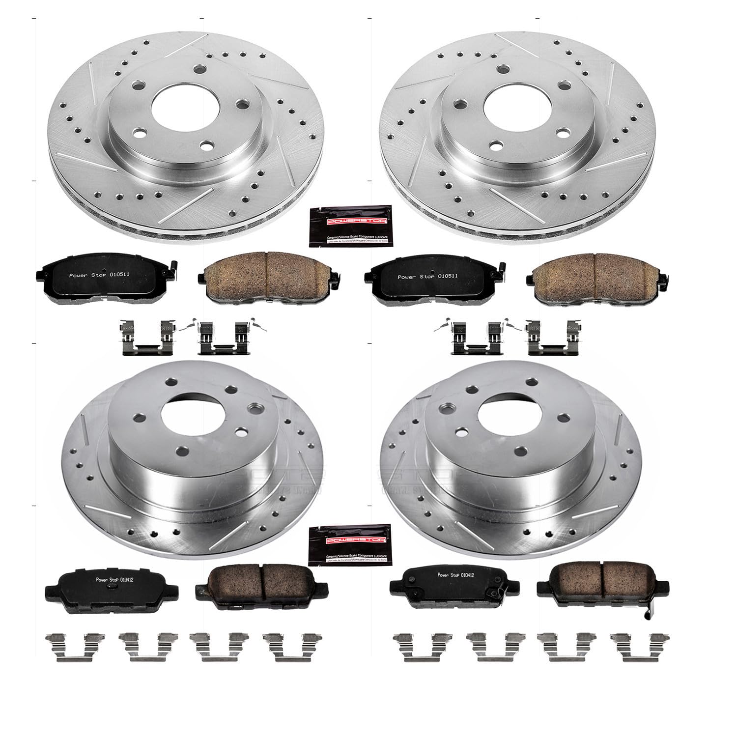 Power Stop K6960 Z23 Carbon Fiber Brake Pads Front and Rear with Drilled & Slotted Brake Rotors Kit For Nissan Sentra 2013-2018 [Model Specific]