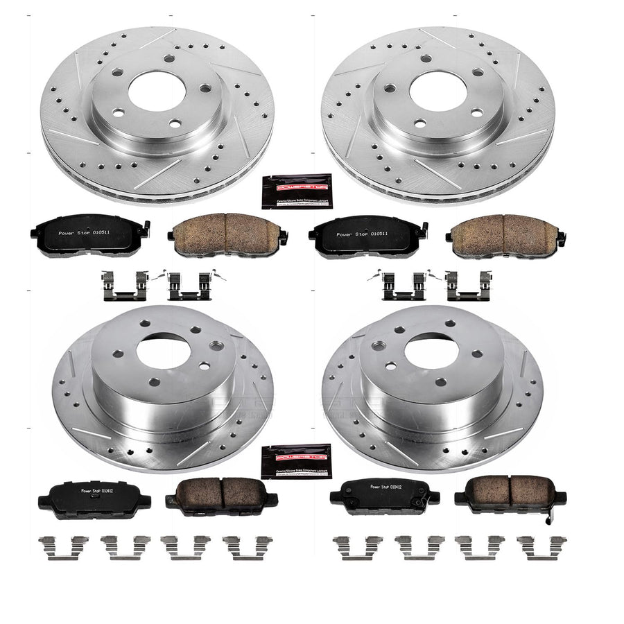Power Stop K6960 Z23 Carbon Fiber Brake Pads Front and Rear with Drilled & Slotted Brake Rotors Kit For Nissan Sentra 2013-2018 [Model Specific]
