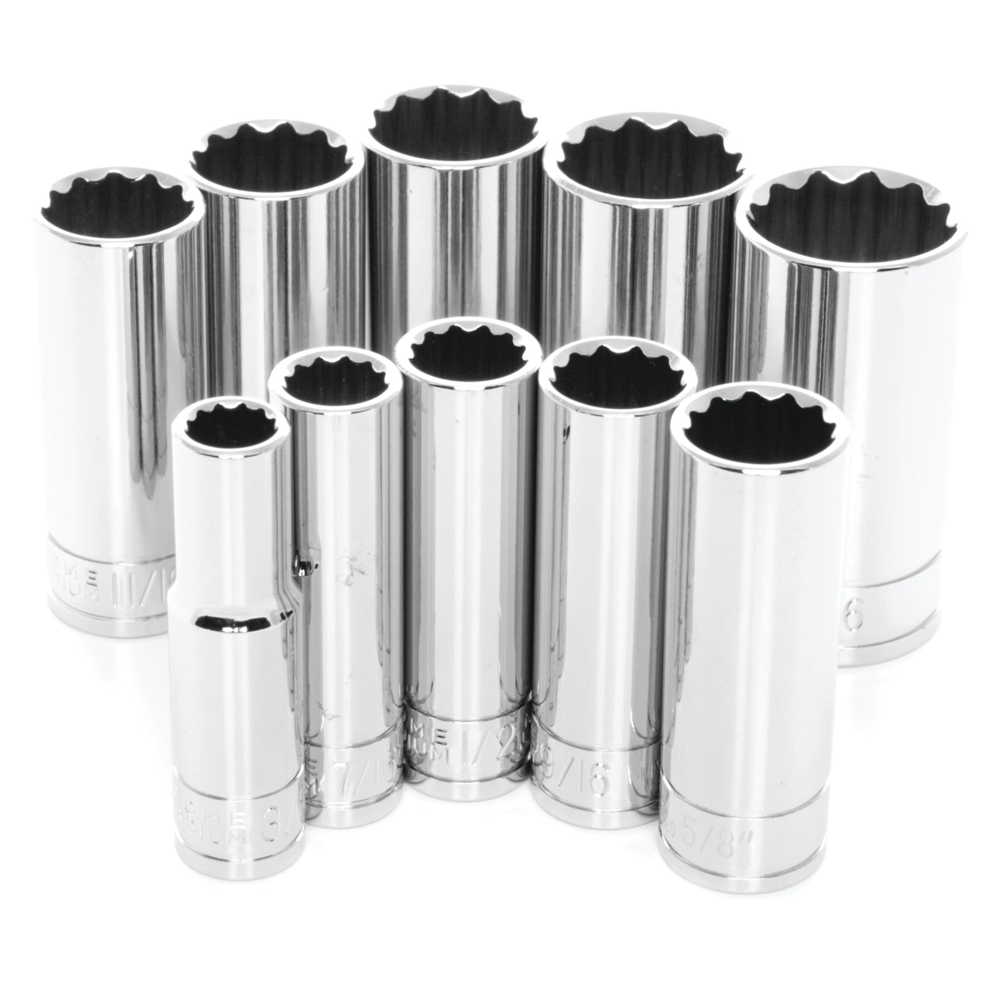 3/8-Inch Drive Performance Tool W38600 12pt SAE Deep Wall Deep Socket Tool Set for Garages and Workshops, Chrome, 10 pieces