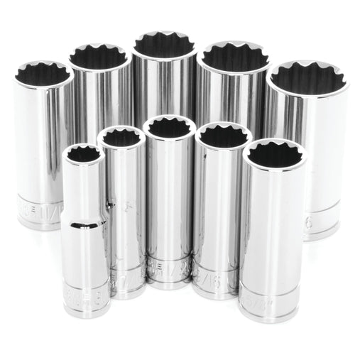 3/8-Inch Drive Performance Tool W38600 12pt SAE Deep Wall Deep Socket Tool Set for Garages and Workshops, Chrome, 10 pieces