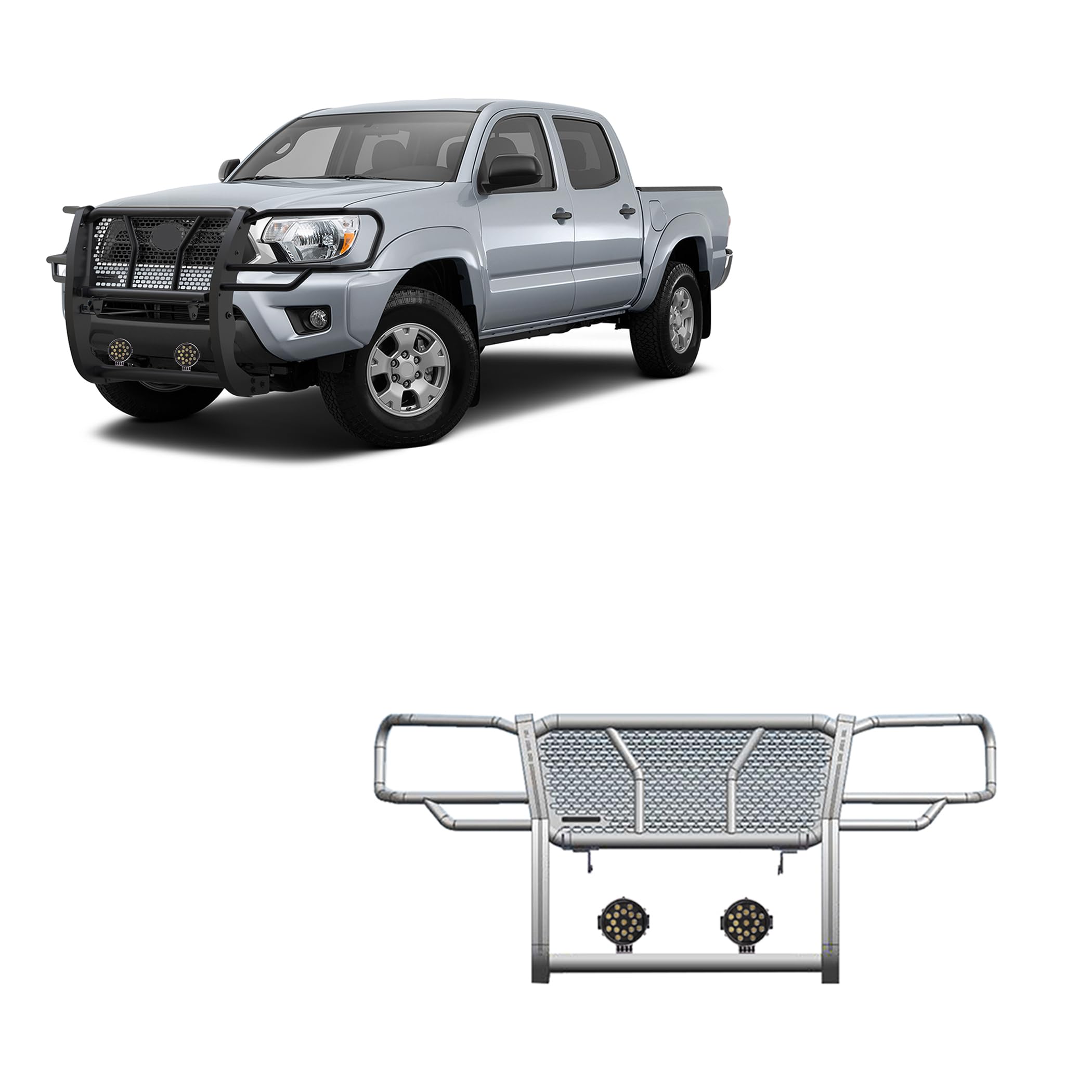 Heavy Duty Black Horse RUGGED Grille Brush Bumper Guard Modular Come With pair of 7.0"Dia.LED Lights with Black Trim Rings Compatible with 2005-2015 Toyota Tacoma-RU-TOTA05-B-PLB