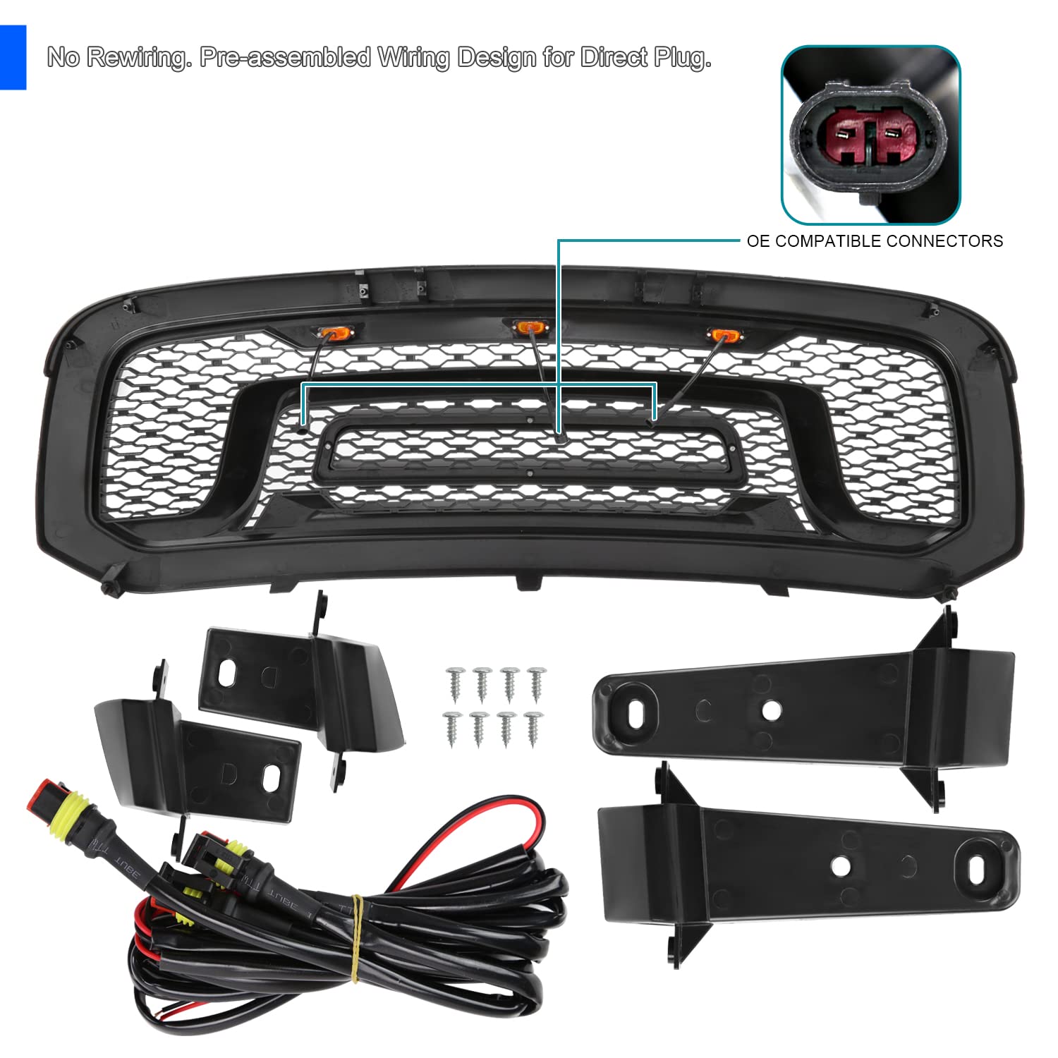 Facelift Style Spec-D Tuning Front Hood Grille w/Amber LED Lights Compatible with 2013-2018 Dodge Ram 1500
