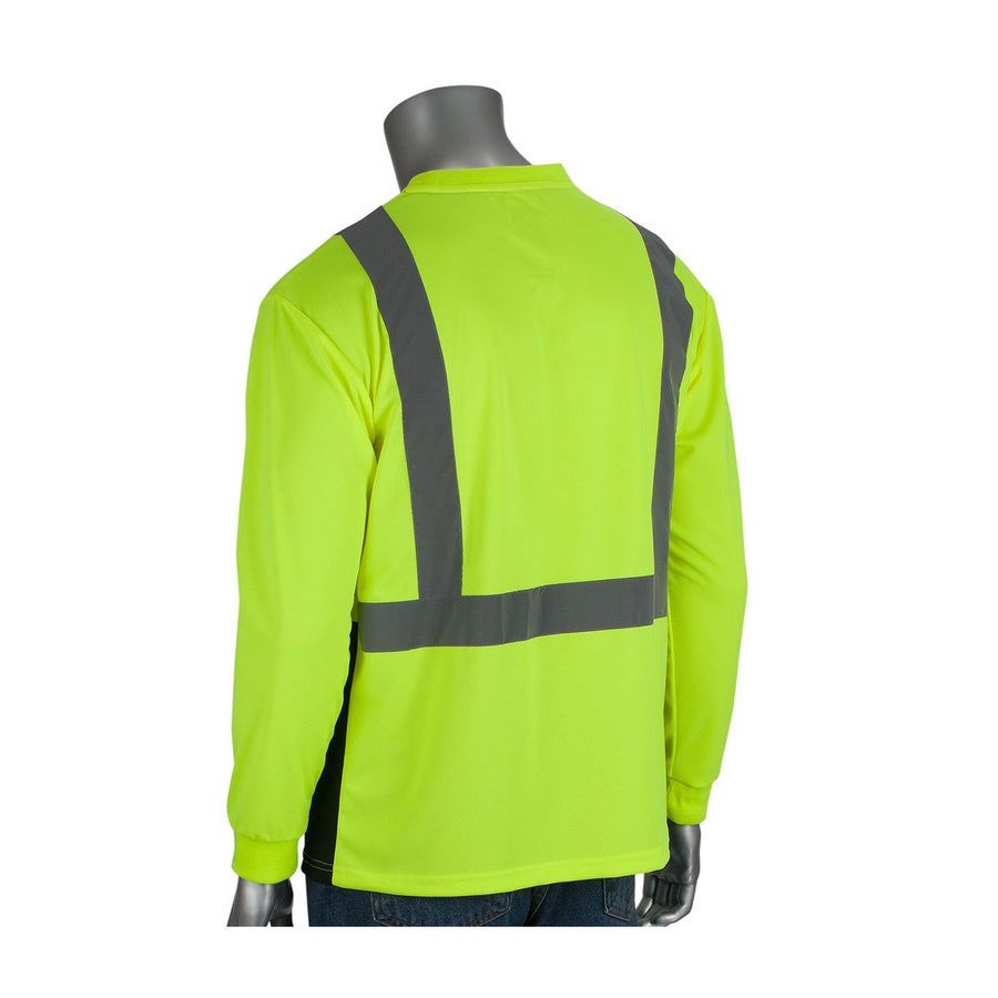 PIP Long Sleeve ANSI Type R Class 2 T-Shirt with 50+ UPF Sun Protection and Black Bottom Front 312-1350B Hi-Vis Yellow L