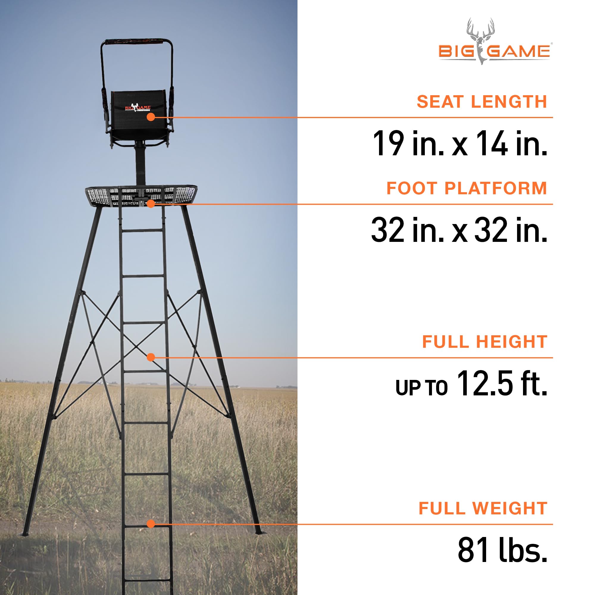The Defender Big Game Tripod Stand, 1 Person Deer Hunting Climbing Ladder with Rotating Flex-Tek Seat and Shooting Rail, 12.5'