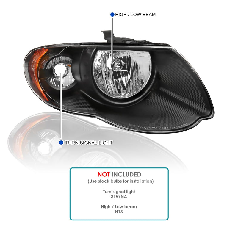 Black Headlights SPEC-D TUNING Compatible with 2005-2007 Chrysler Town & Country, Left + Right Pair Headlamp Assembly