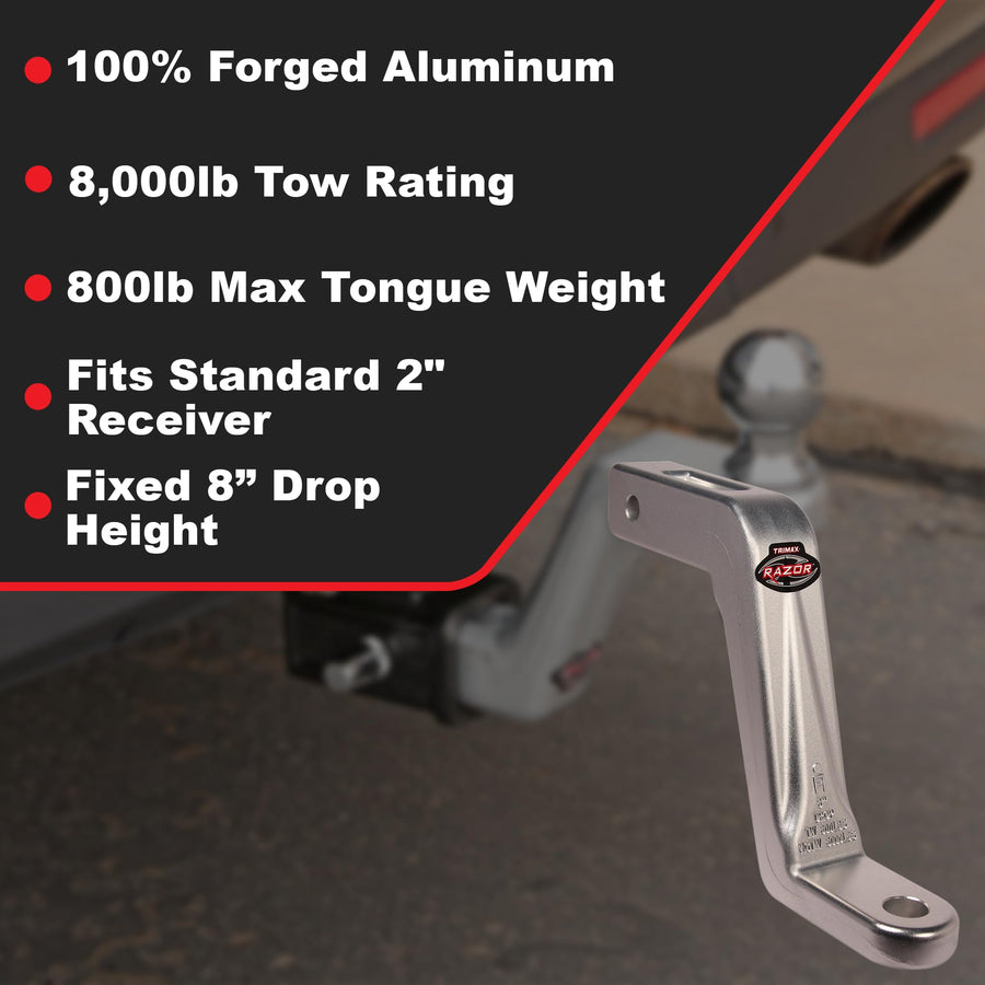 Trimax 8 Inch TRZ8ALFM Forged Aluminum Drop Hitch, Truck, Camper, Trailer, Towing, Fixed Ball Mount Drop Hitch 2 Inch Receiver - 8,000 Ib Tow Rating, 800 lb Tongue Capacity