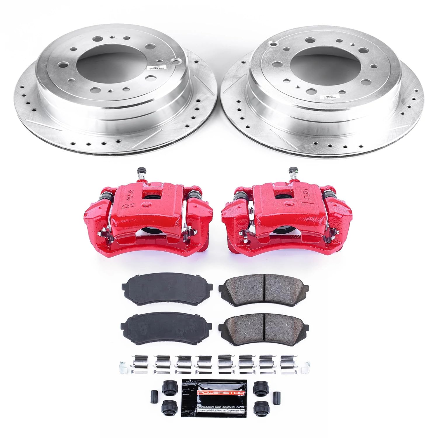 Power Stop Z23 Evolution Sport Rear Caliper Brake Kit-Drilled/Slotted Rotors, Brake Pads Carbon Ceramic, Calipers