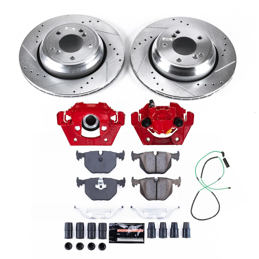 Power Stop Z23 Daily Driver Brake Pad and Rotor Kit Rear KC5732A with Red Powder Coated Calipers For BMW M3 2001-2006 [Model Specific]