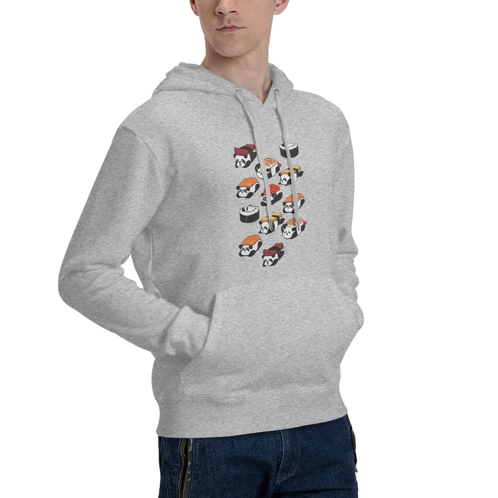 Sushi Panda Banzie Personalized 3D Printing Cartoon Hoodie Fleece Round Tie Pocket Pullover Sweater Fall Winter Pullover Thickening, Gray, Large