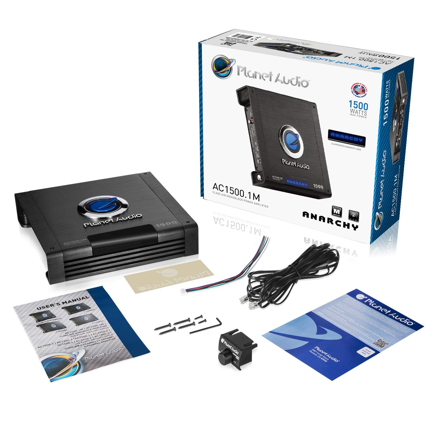 Anarchy Series Planet Audio AC1500MK Monoblock Class A/B Car Amplifier and 8 Gauge Wiring Kit - 1500 High Output, Hook Up to Subwoofer for Bass