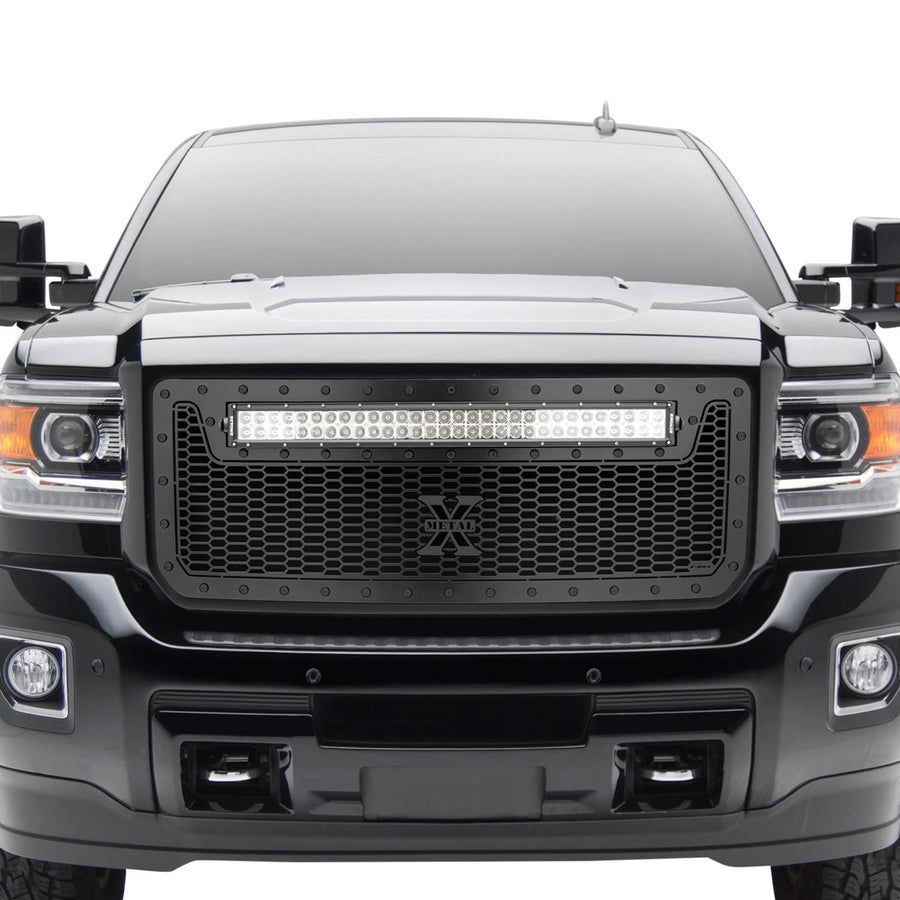T-Rex Grilles Stealth Laser Torch Grille 2015-2019 Sierra HD, Black, 1 Pc, Insert, Black Studs with (1) 30" LED - PN #7312111-BR