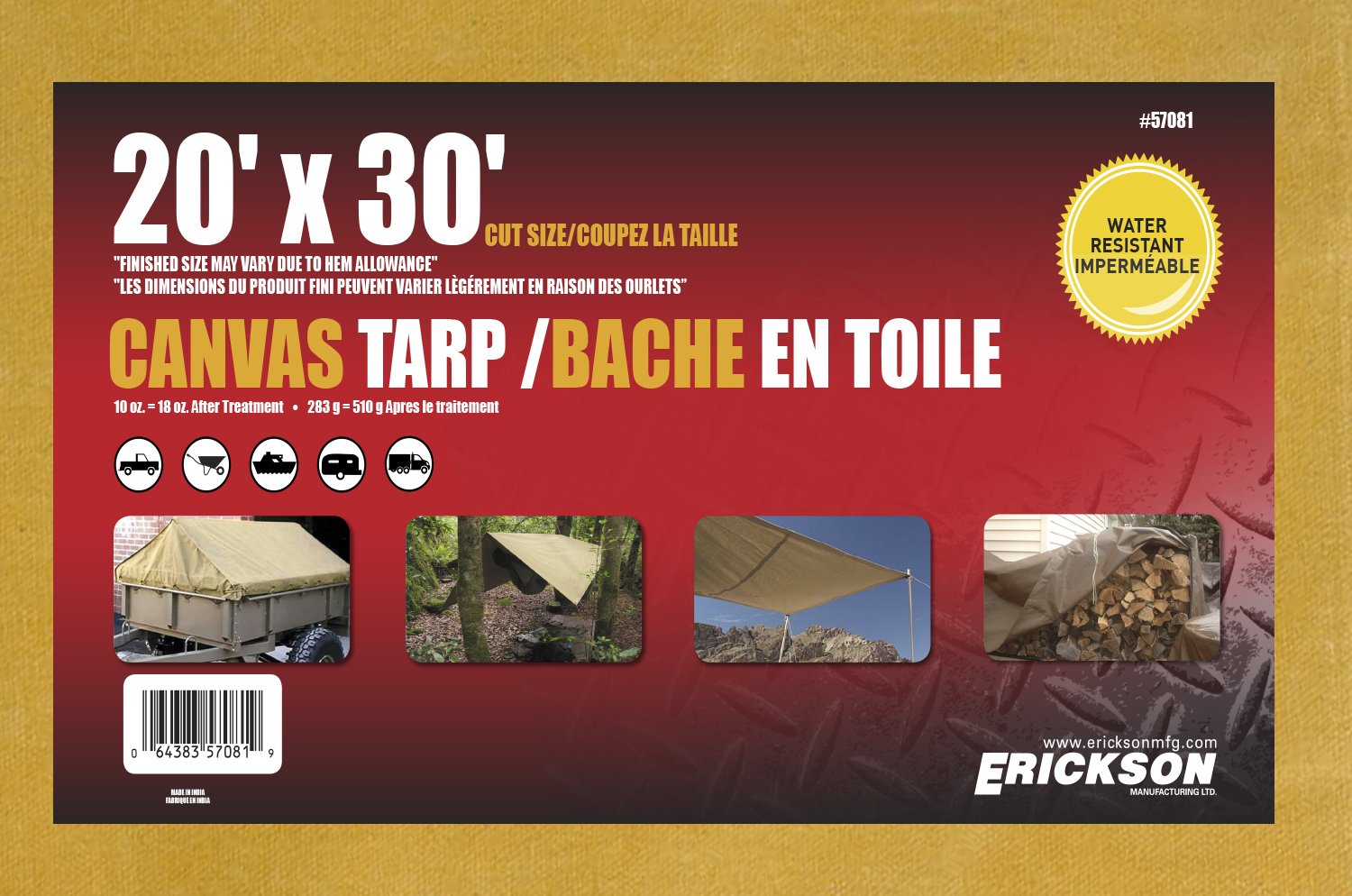 Canvas Tarp Erickson 57081, 20' x 30',1 Pack
