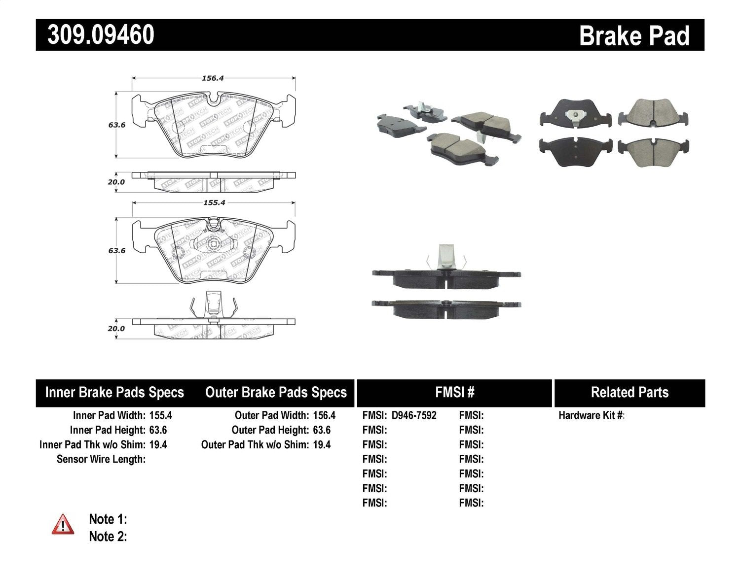 Sport Brake Pads StopTech 309.09460 with Shims and Hardware