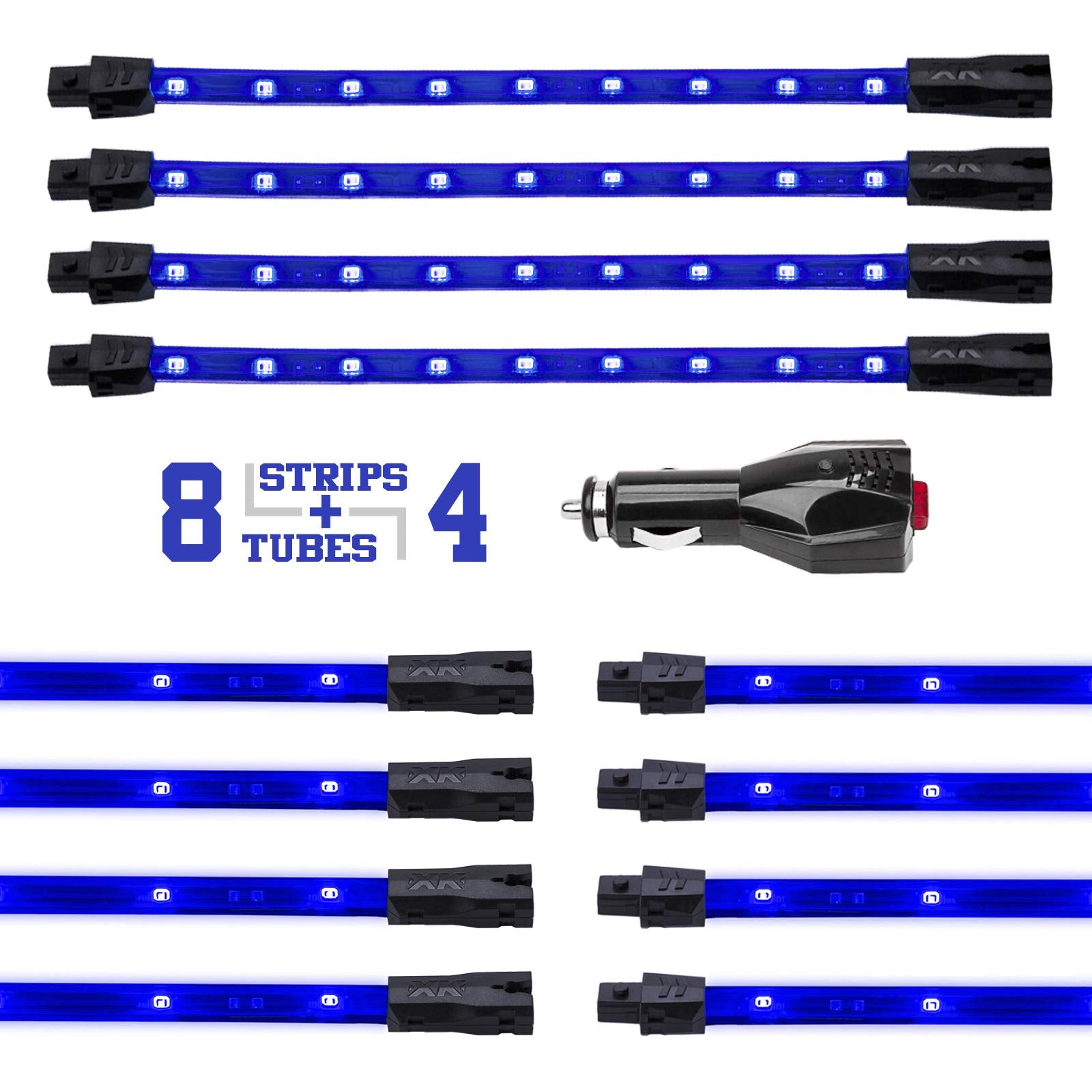 XK GLOW 8x24 Tube + 4x8 Strip Blue Single Color XKGLOW UnderglowLED Accent Light Car/Truck Kit