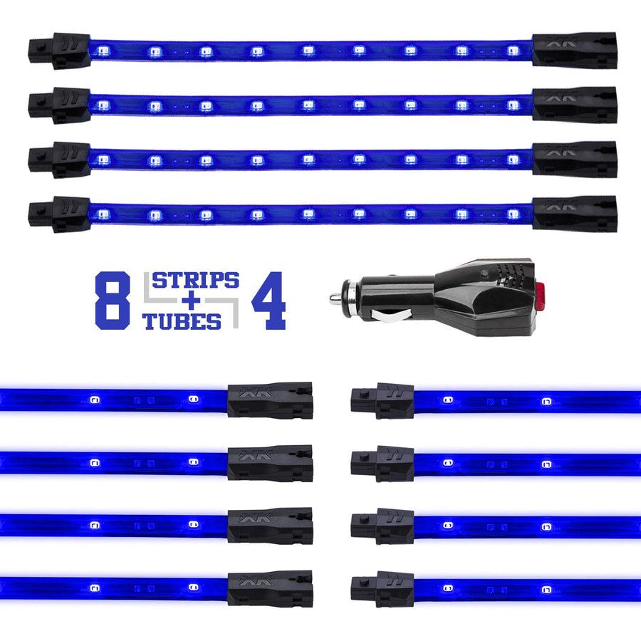 XK GLOW 8x24 Tube + 4x8 Strip Blue Single Color XKGLOW UnderglowLED Accent Light Car/Truck Kit