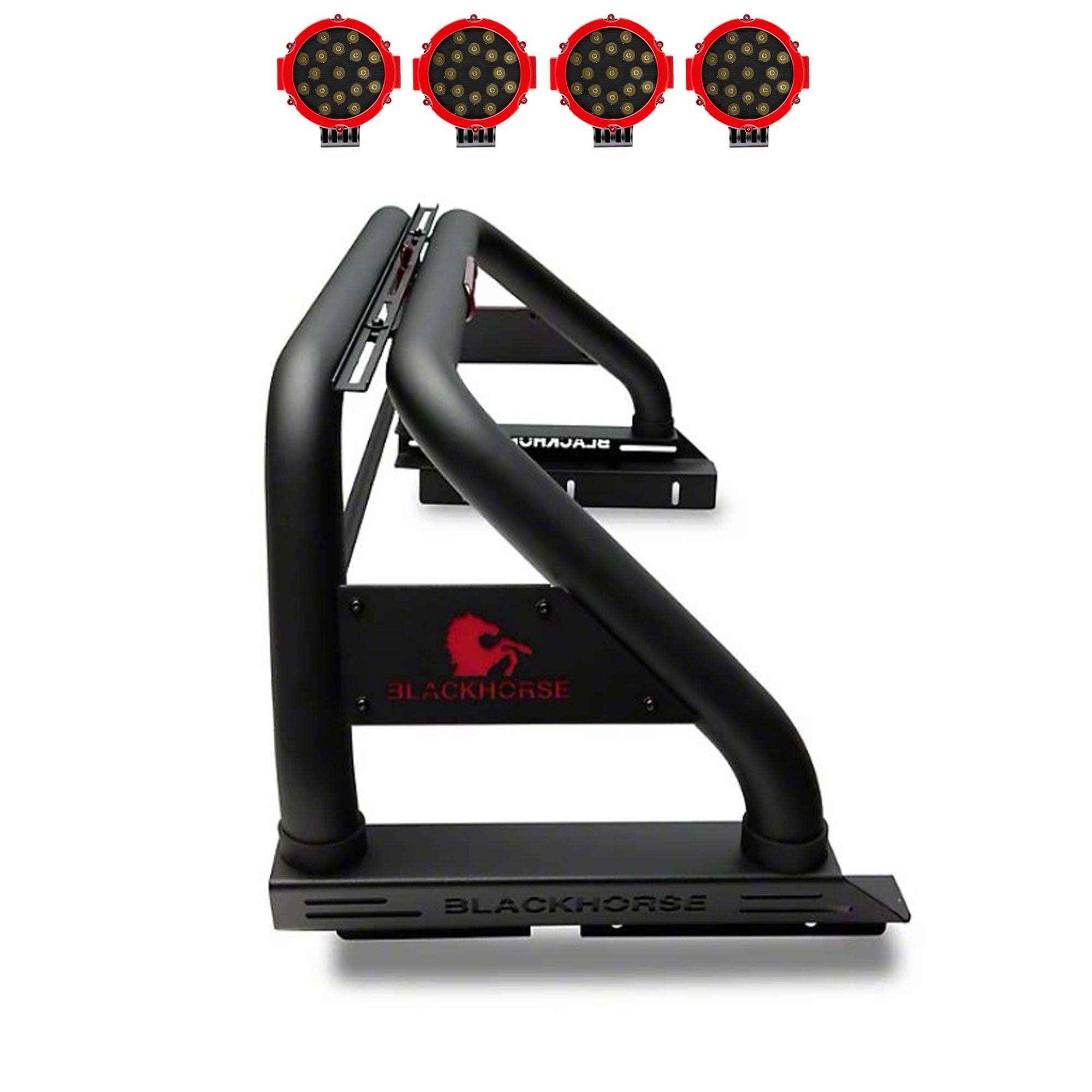 Classic Black Horse Roll Bar Incl. Pair of 7.0" Dia. LED Lights w/Red Trim Rings Compatible with 2020-2024 Jeep Gladiator-RB09BK-PLR