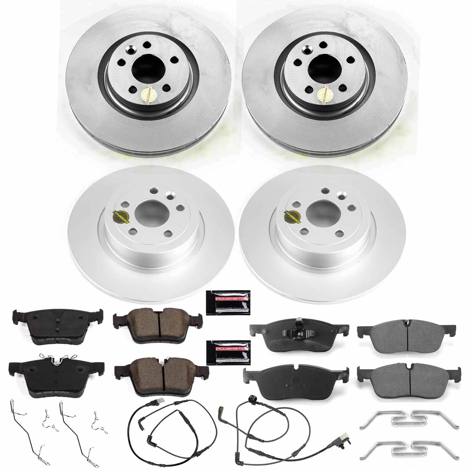 Power Stop Coated CRK7992 Brake Kit Front & Rear - Coated Brake Rotors and Z23 Ceramic Brake Pads and 1 Front & 1 Rear Sensor Wires