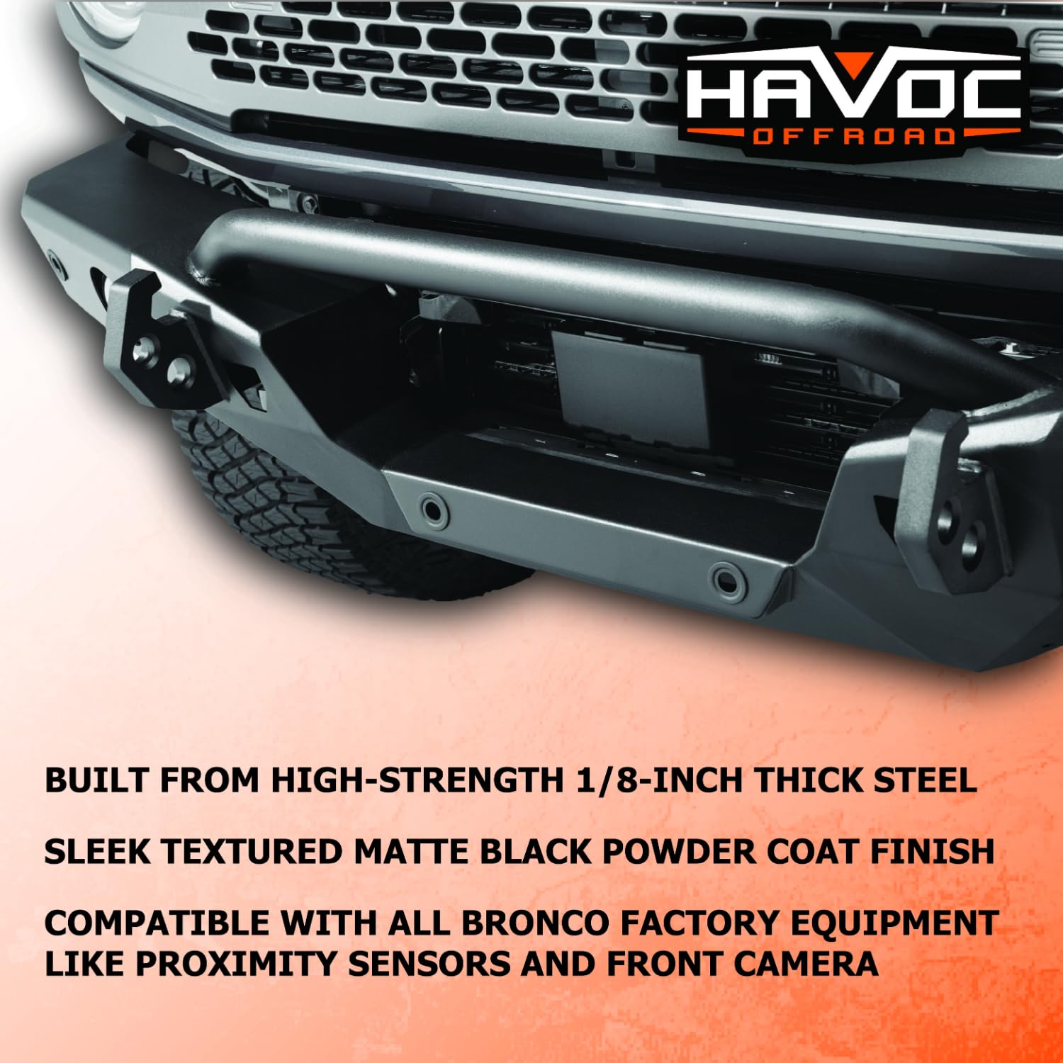 Steel Bender Front Bumper HAVOC OFFROAD for Ford Bronco | Stinger, Integrated Lift Points, Black | HFB-02-001 | 2021-2025 Ford Bronco (will not fit Sport Model)