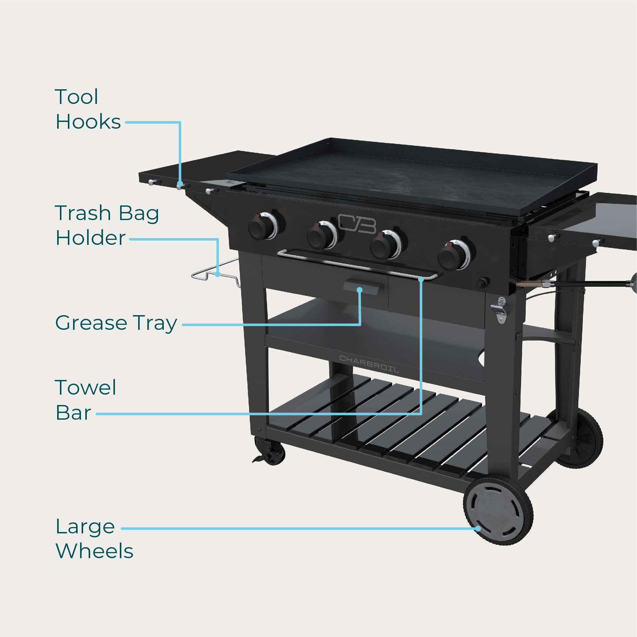 36" Charbroil® Performance Series™ Propane Gas Griddle with Cart 4 Burner Flat Top Grill, Black 463259124